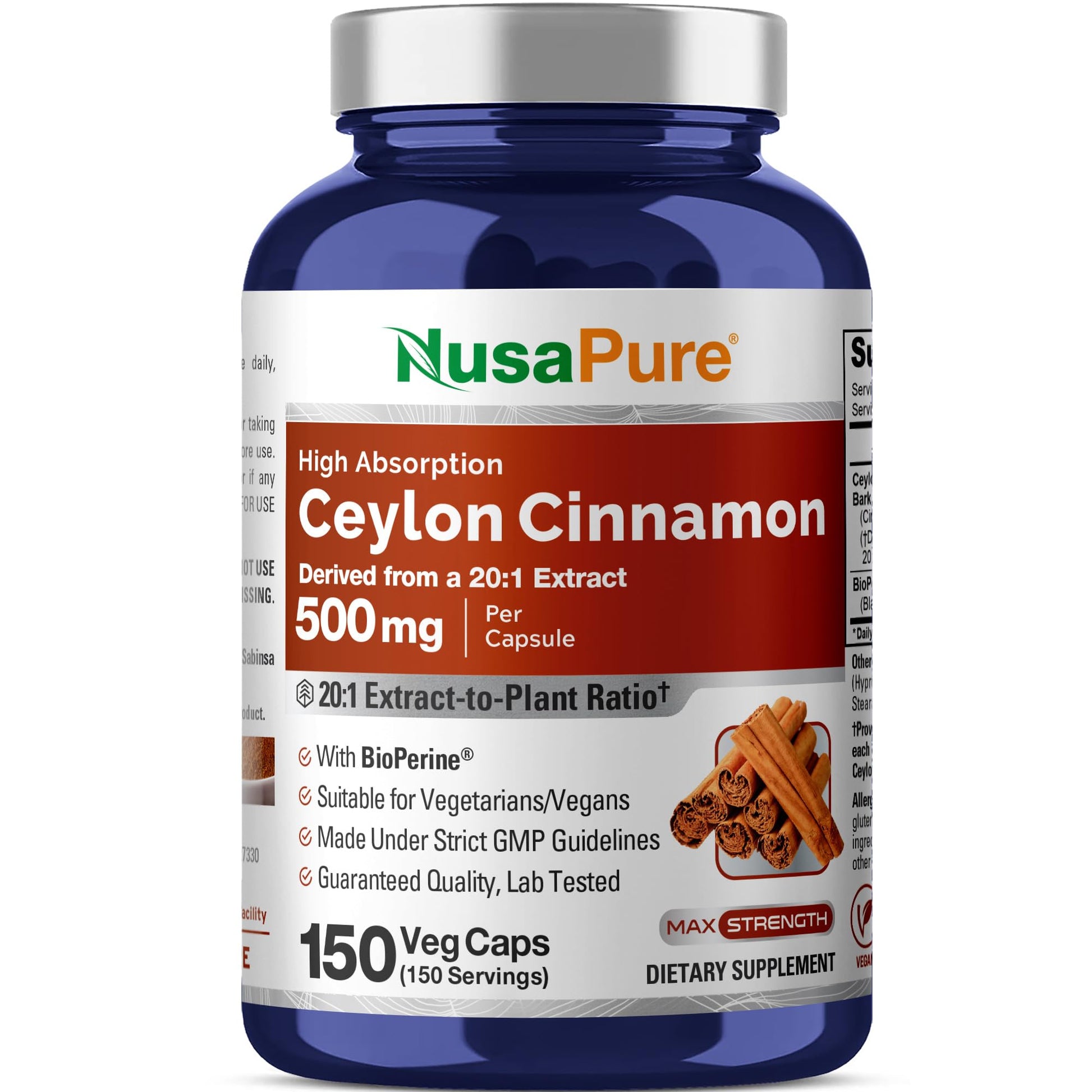 NusaPure Ceylon Cinnamon 500mg Capsules, 150 Count