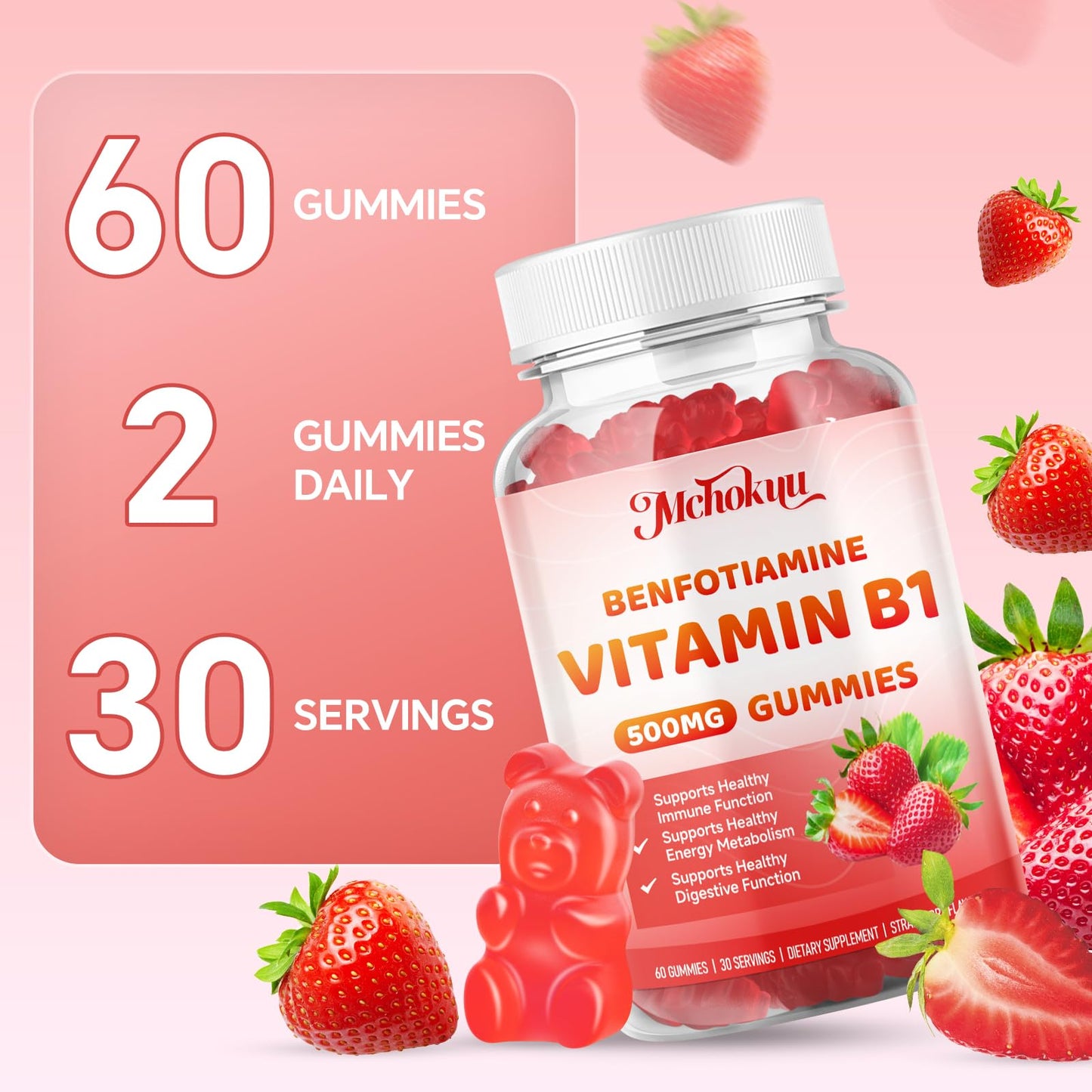 Mchokuu Vitamin B1 500mg with Benfotiamine – Thiamine Supplement for Women & Men, Sugar-Free | Vegan | Non-GMO, Natural Strawberry Flavor, 120 Gummies