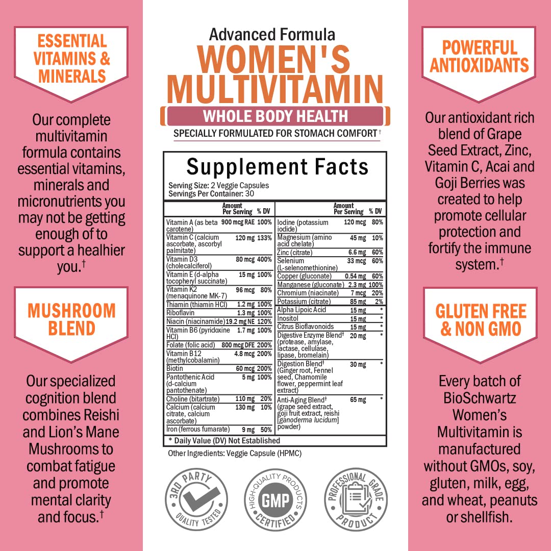 BioSchwartz Daily Multivitamin for Women Capsules with 65 Billion CFU Daily Probiotic Supplement, 90 Count