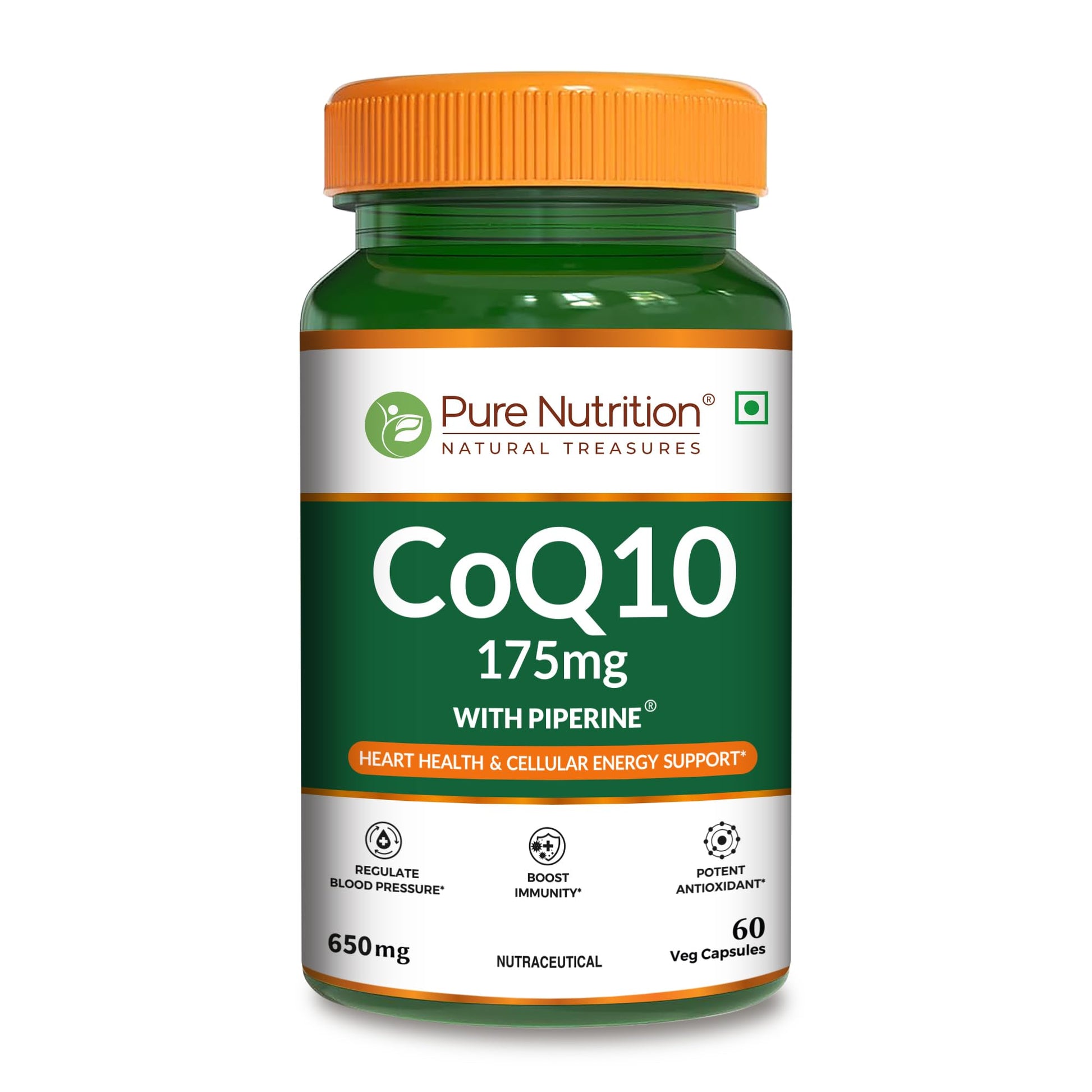 PURE NUTRITION NATURAL TREASURES Bio Coenzyme Q10 175mg High Absorption CoQ10 with Bioperine & Arjuna Extract 60 Veg Capsules