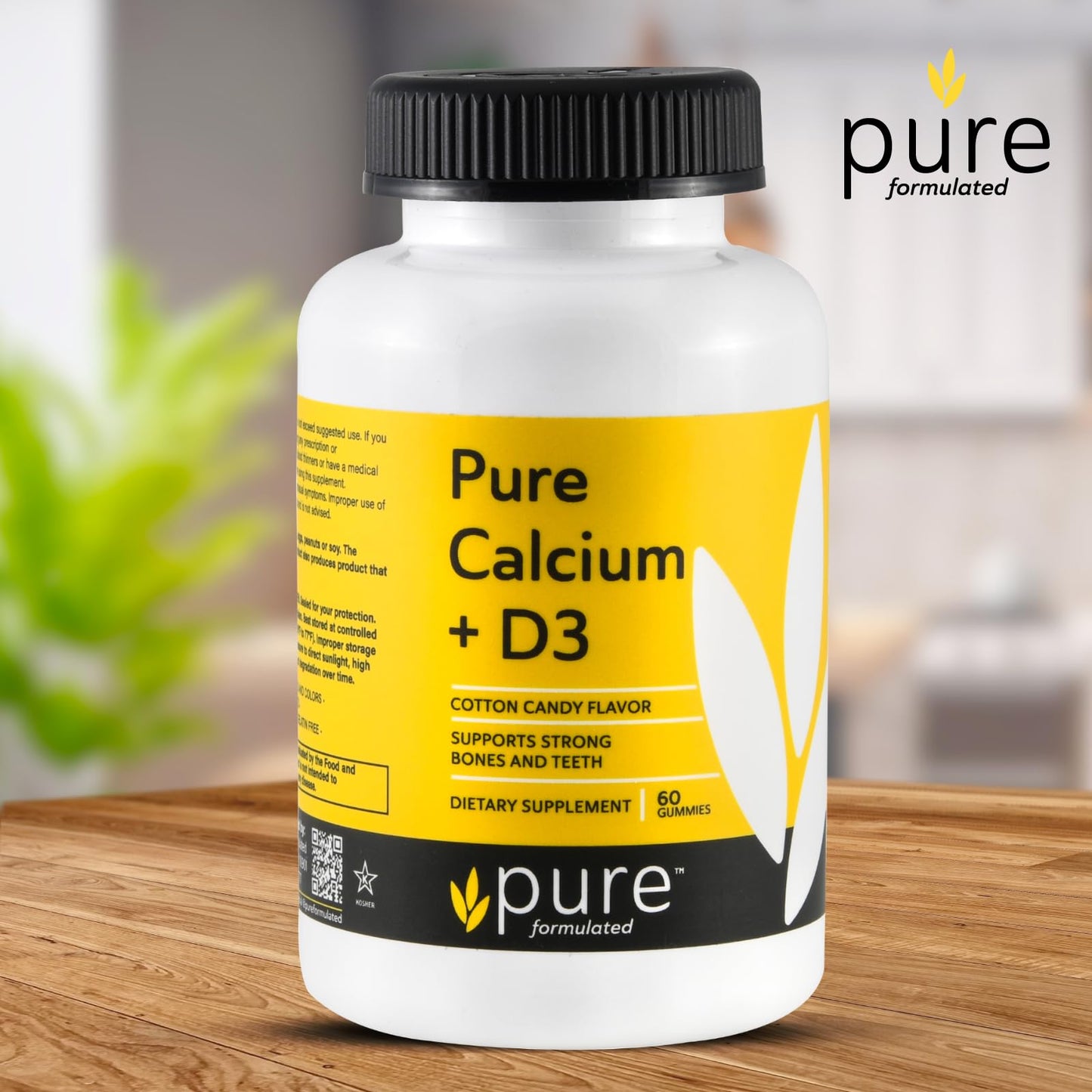 Pure Formulated Vegan Calcium with Vitamin D3 1000 IU, Strong Bones & Teeth Support, Gummy Chewable, 60 Gummies