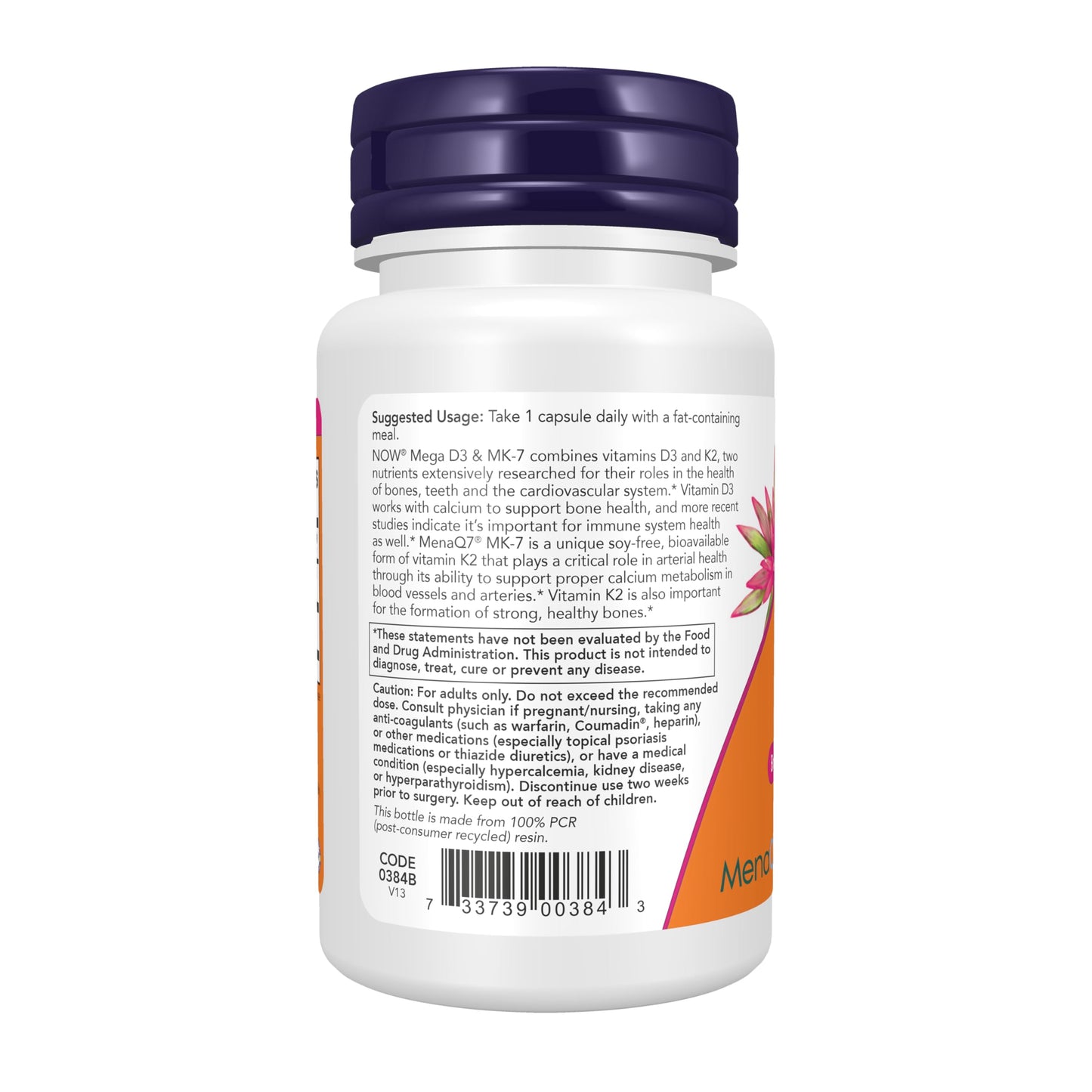 NOW Foods Mega D-3 & MK-7 with Vitamins D-3 & K-2, 5,000 IU/180 mcg, Bone & Cardiovascular Support, 60 Capsules