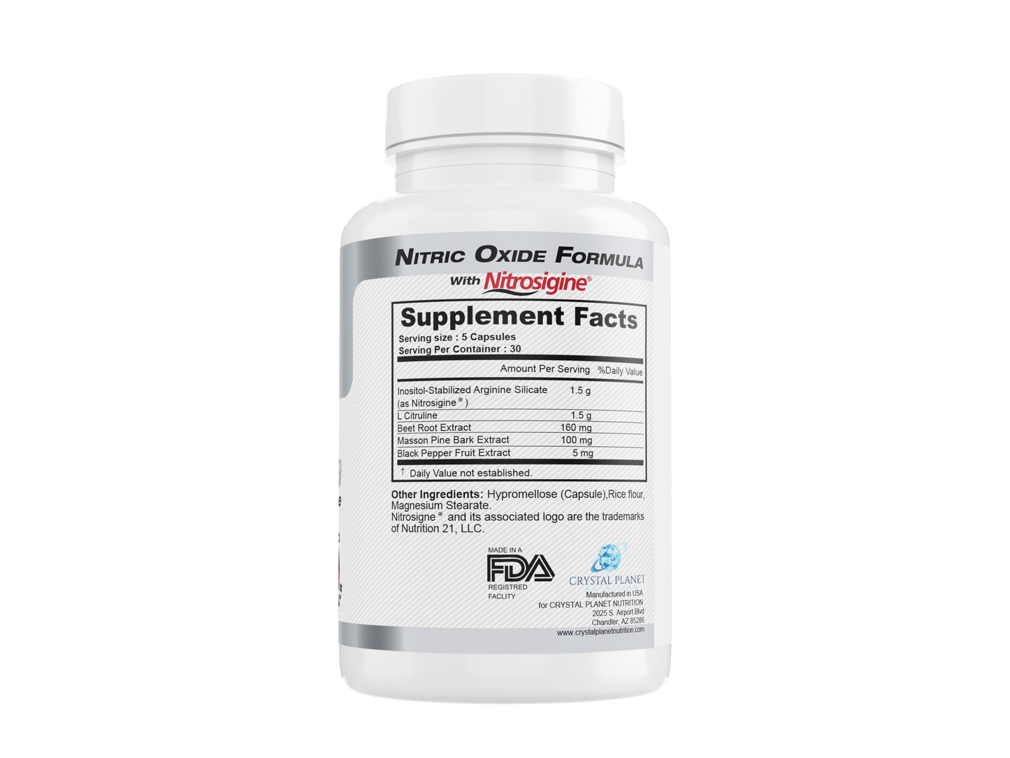 Crystal Planet Nitric Oxide Complex with Nitrosigine, Beet Root, Pine Bark, L-Citrulline & Black Pepper Capsule, 150 Capsules
