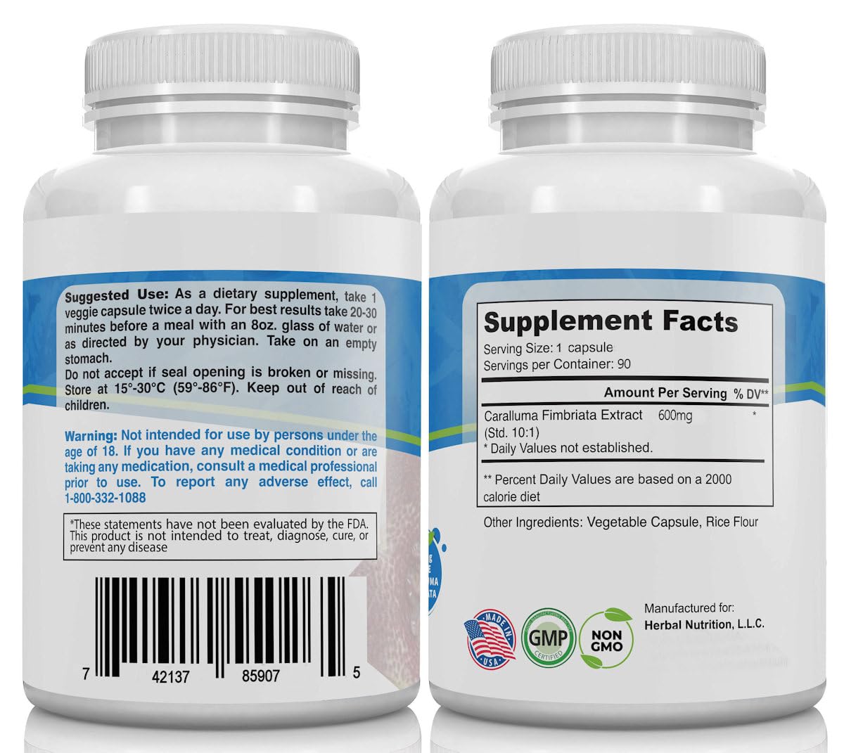 Herbal Nutrition Caralluma Fimbriata 1200mg 10:1 Extract Appetite Support Capsule, 2 Capsules
