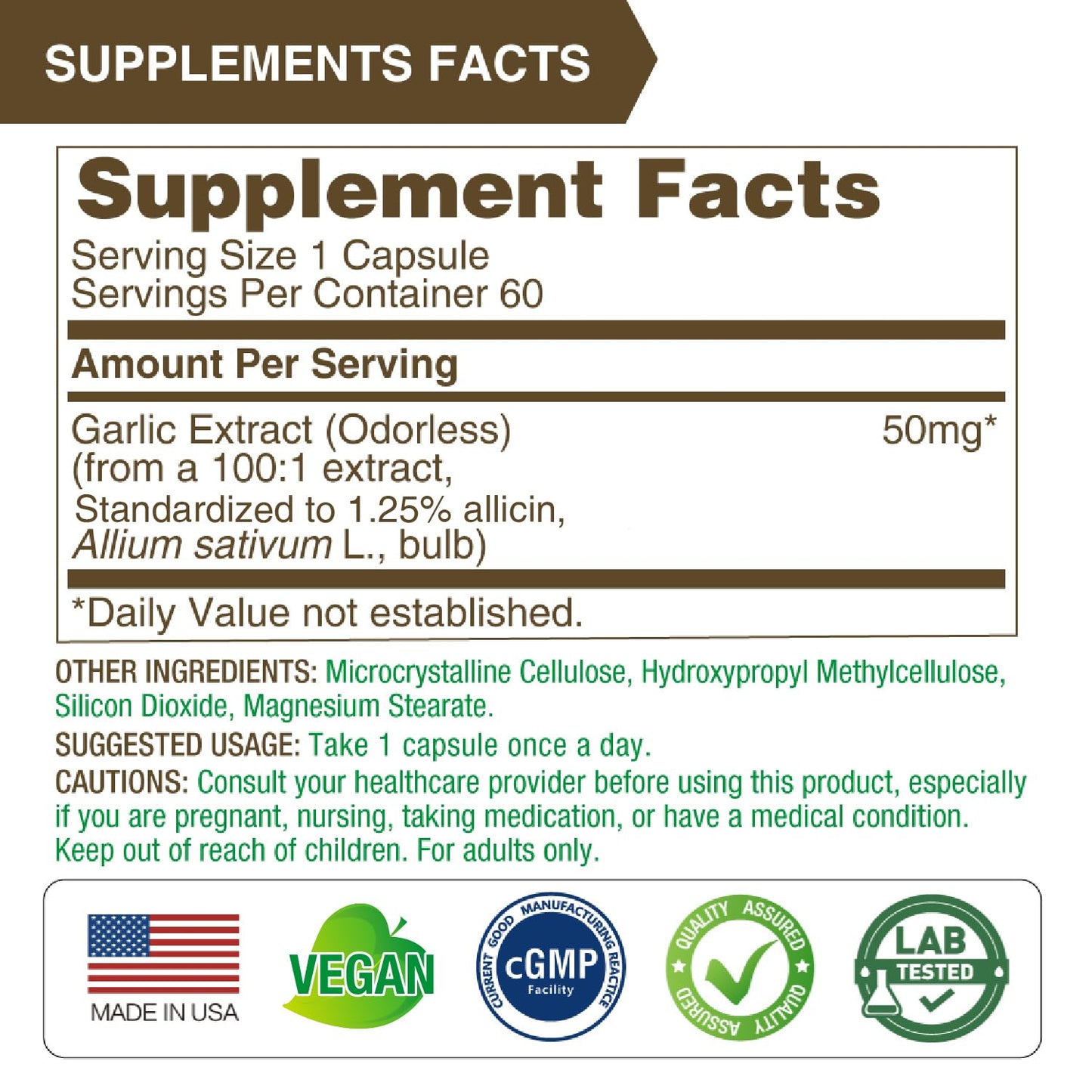 LOVITA Odorless Garlic Extract, High Potency, Standardized to 1.25% Allicin, Supports Heart, Blood Pressure, Cholesterol & Immune System, Non-GMO, Gluten-Free, 180 Vegan Capsules