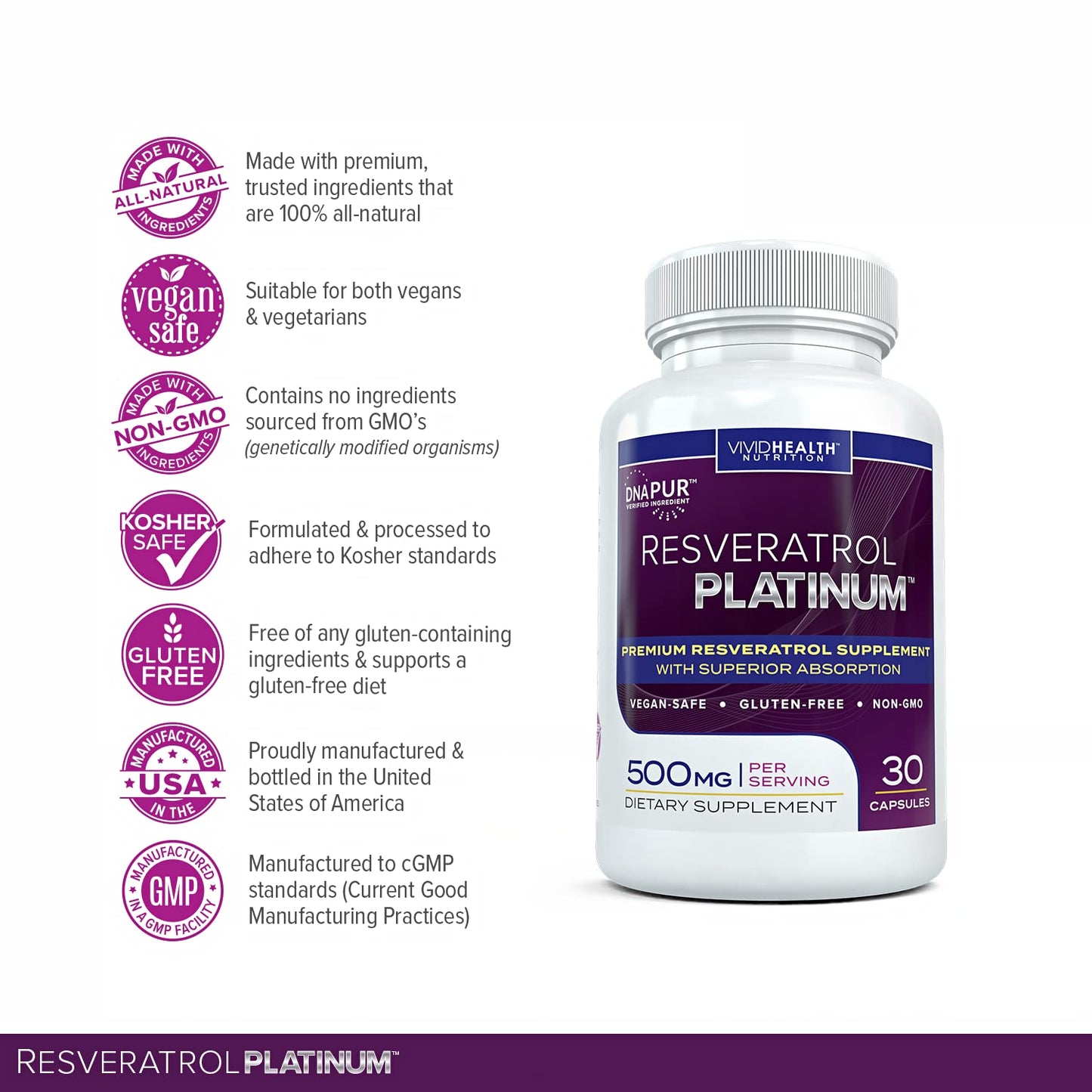 Vivid Health Nutrition Resveratrol Platinum Capsule, 30 Capsules Per Bottle