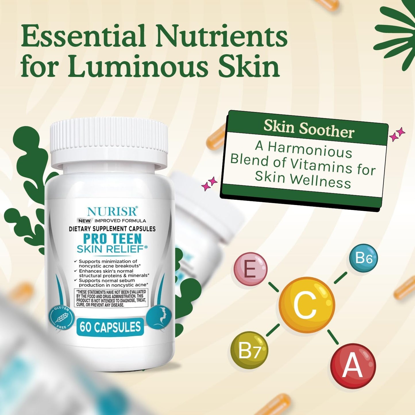 NURISR Acne Supplements for Teenagers with Vitamins A, B, C, E & Biotin for Clear, Radiant Skin, Supports Balanced Oil Production & Healthy Glow, Gluten-Free, 60 Tablets