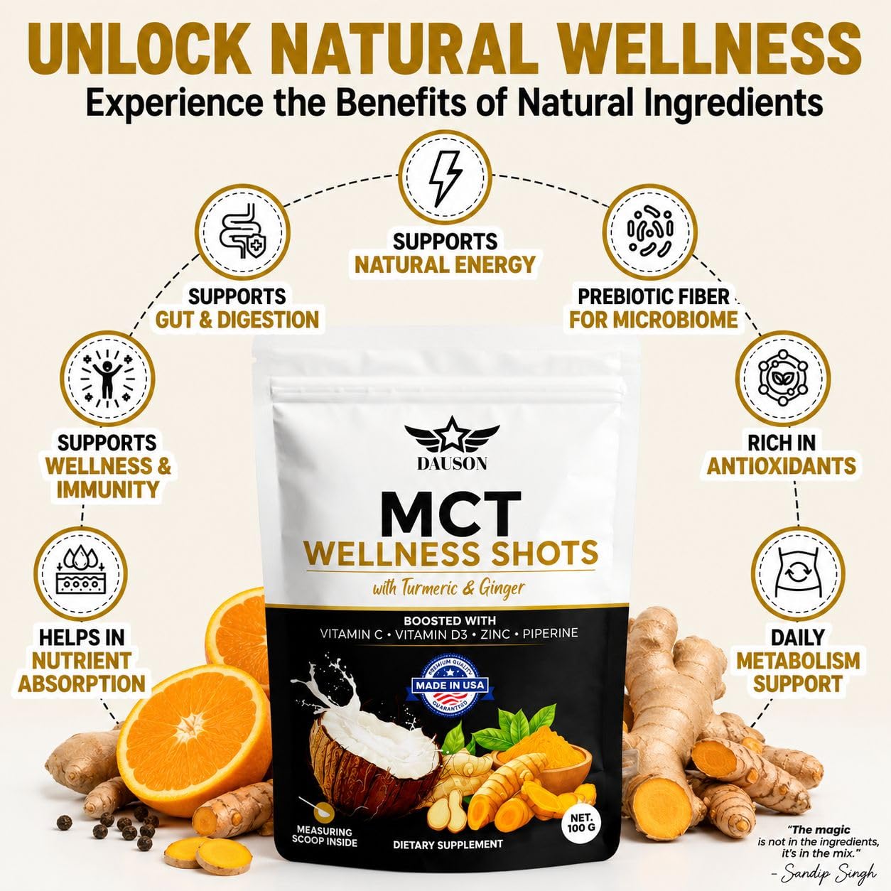 DAUSON MCT Shots Boosted with Turmeric, Ginger, Vitamin C, D3, Zinc, Piperine & Prebiotic Fiber Powder 3.53 oz