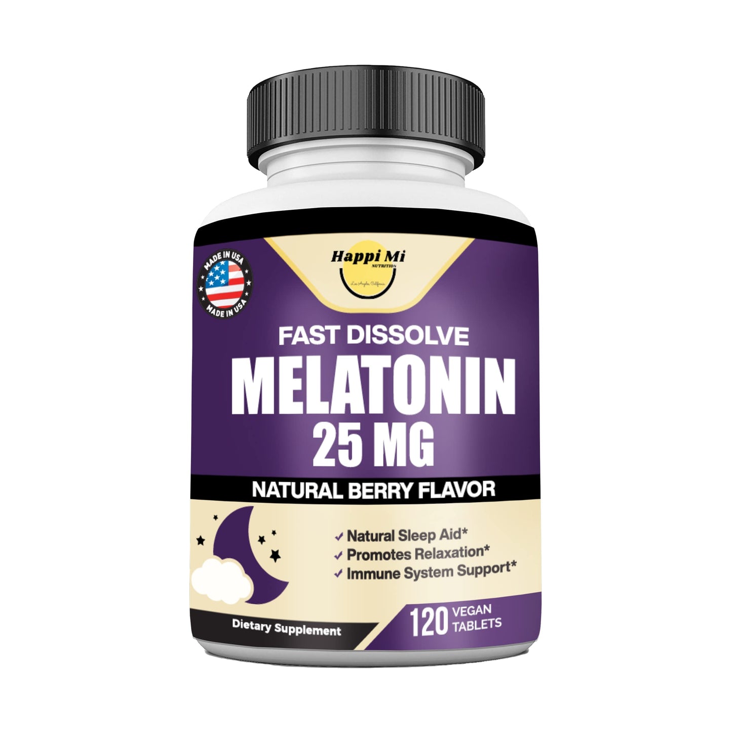 Happi Mi Nutrition Melatonin 25mg Extra Strength with L-Theanine & Vitamin B-6 Fast Dissolve Tablets, Sleep Support, 120 Tablets