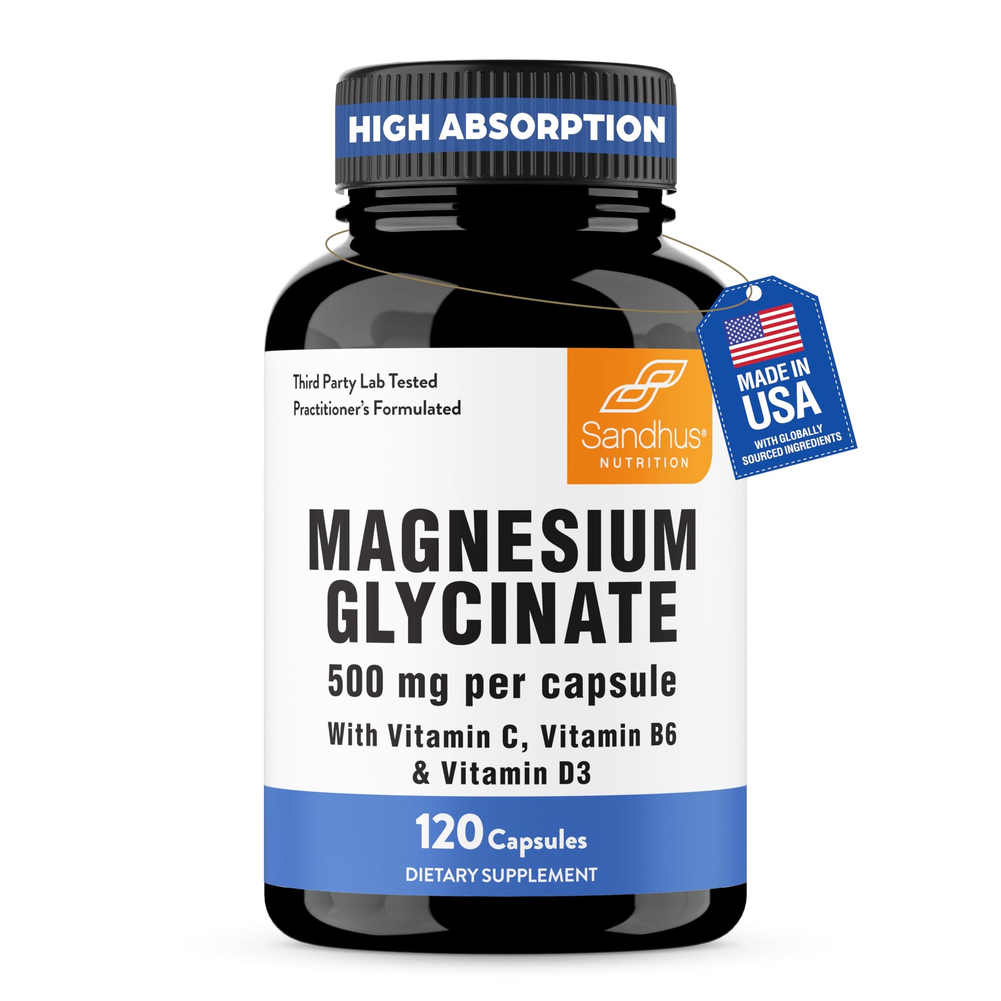 Sandhu's Magnesium Glycinate 500mg High Absorption Capsules, 120 Count