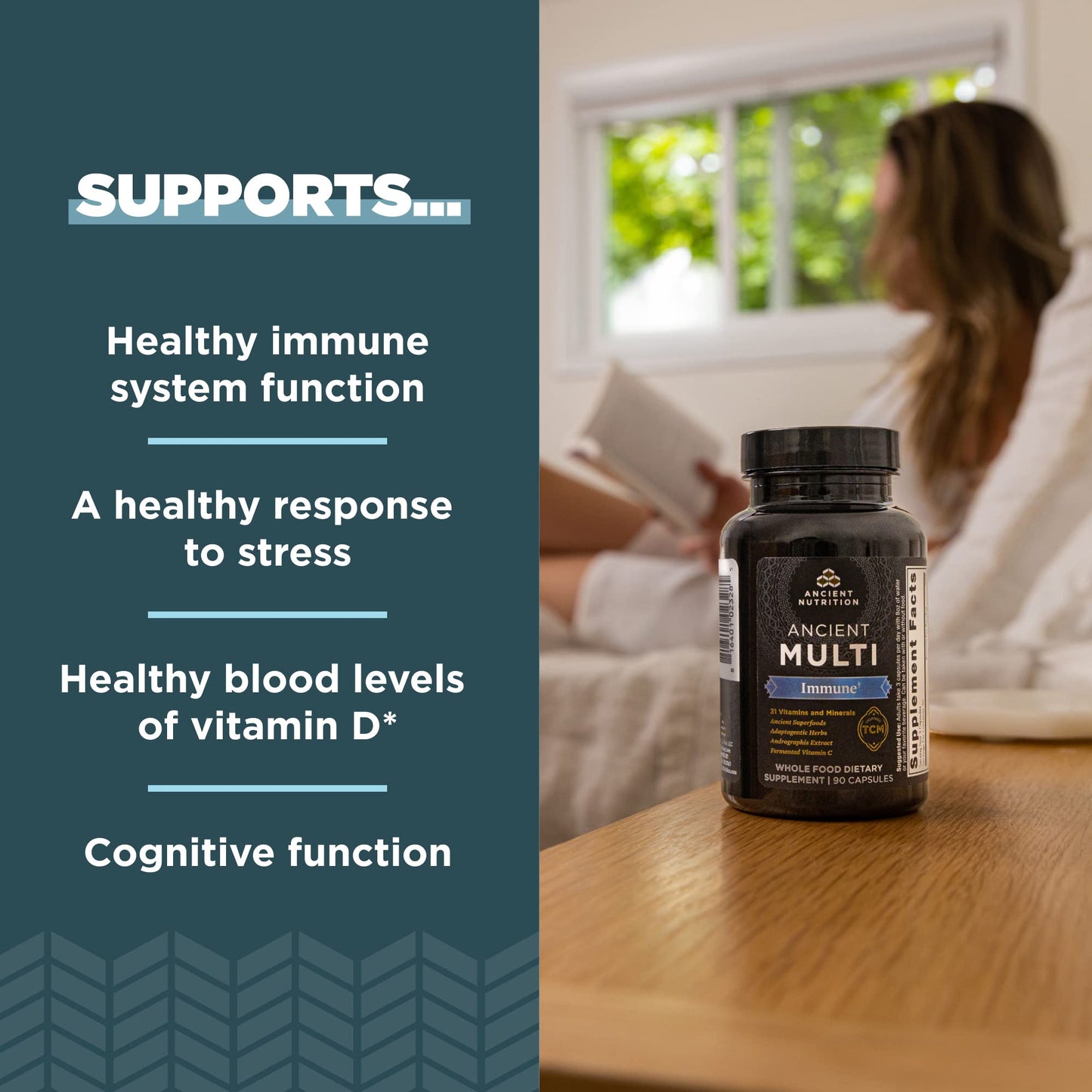 Ancient Nutrition Immune Support Multivitamin Capsules with Vitamin D & C, Turmeric, 90 Count