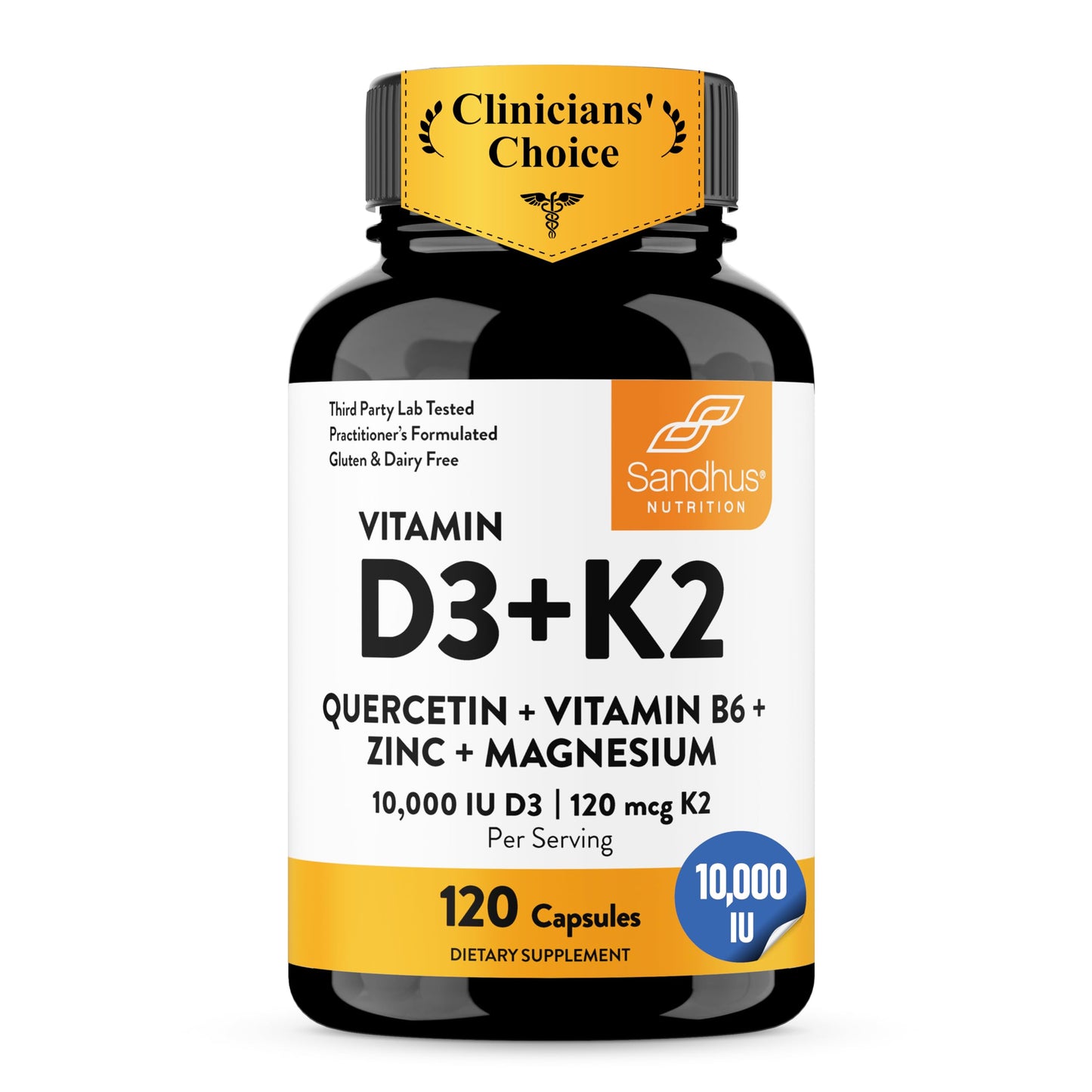 Sandhu's Vitamin D3 K2 10000 IU 120 mcg Magnesium Zinc B6 Quercetin Capsules, 120 Count