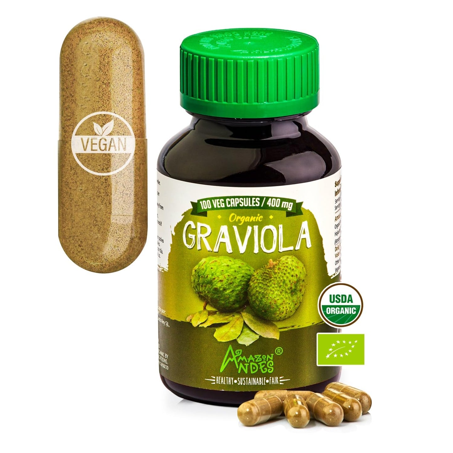 Amazon Andes Organic Graviola Soursop Leaf Capsules, 100 Vegetarian Capsules