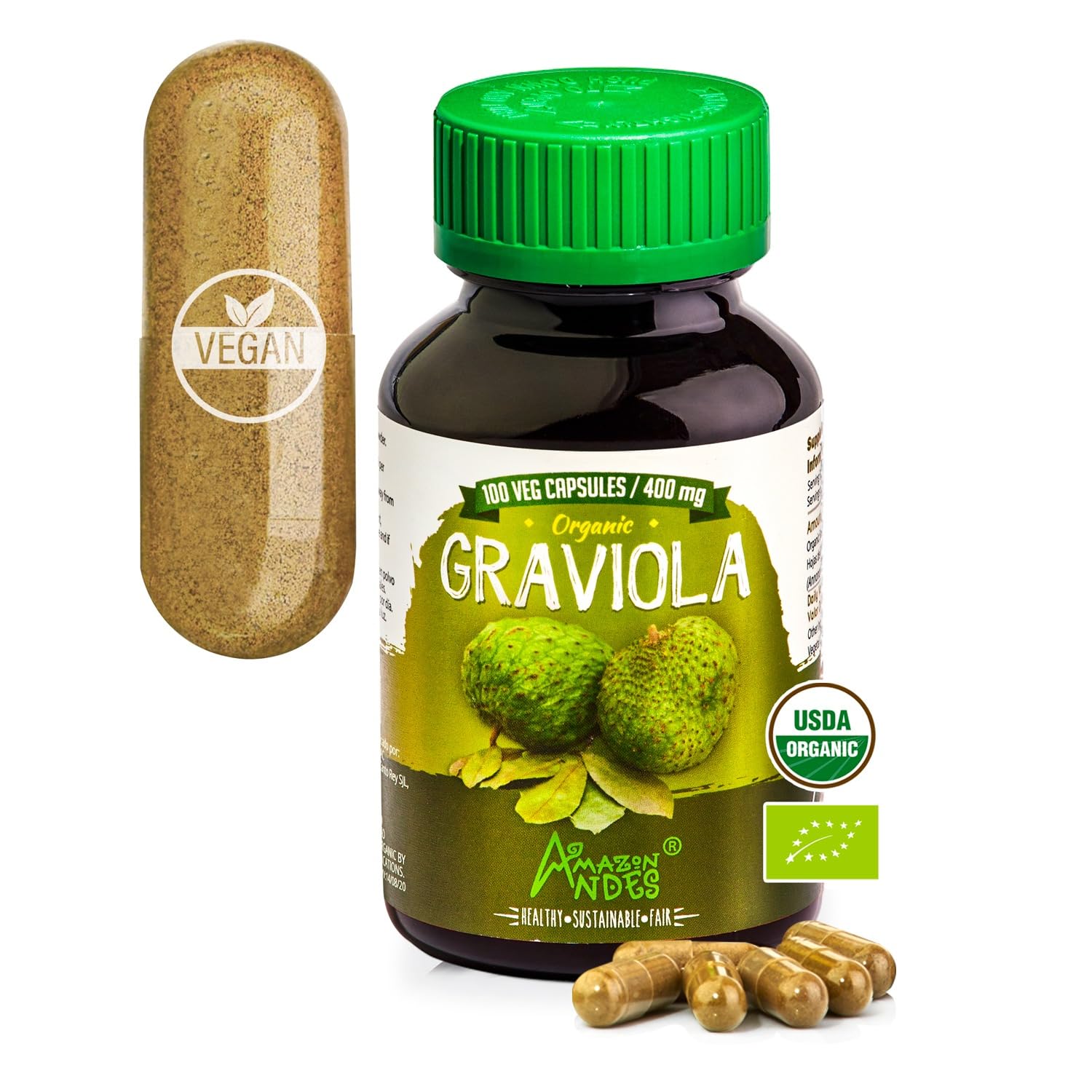Amazon Andes Organic Graviola Soursop Leaf Capsules, 100 Vegetarian Capsules