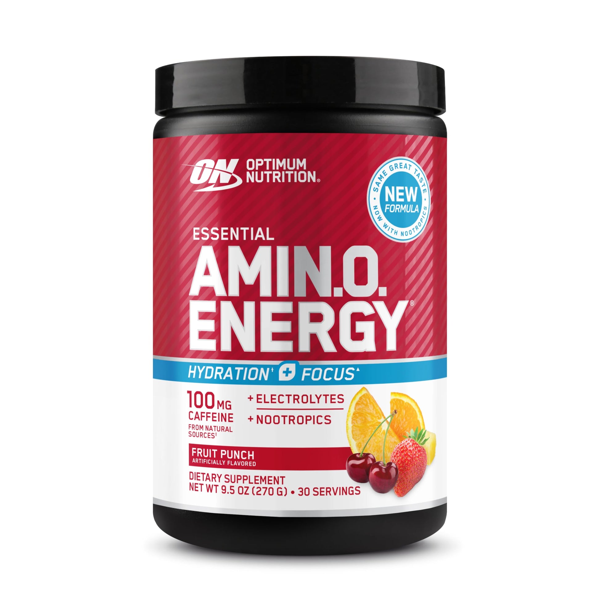 Optimum Nutrition Amino Energy Powder Plus Focus with BCAA, Electrolytes, and Caffeine, Fruit Punch, 9.5 Ounce