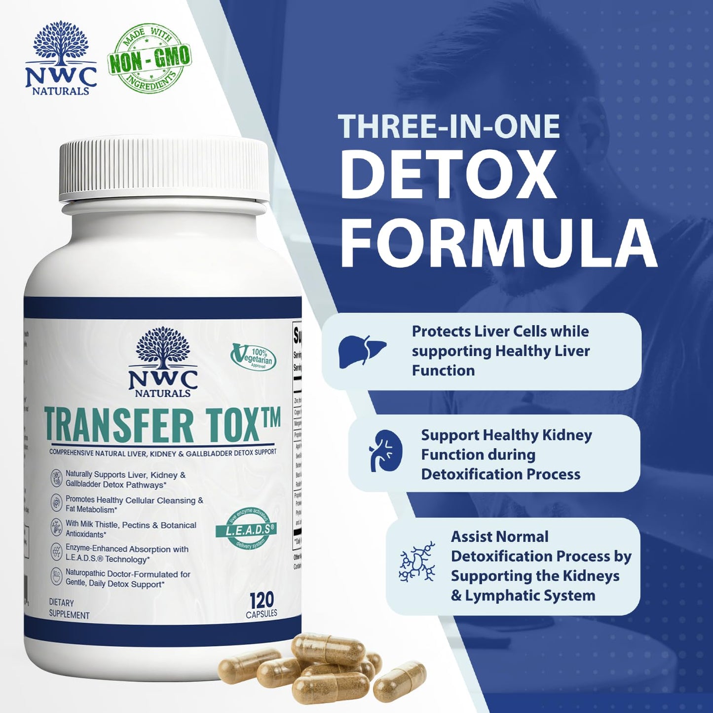 NWC Naturals Transfer-Tox Liver & Kidney Detox and Support Milk Thistle Detox Cleanse Liver Support Supplement for Vital Health & Kidney Function for Men & Women Vegetarian Approved 90 Capsules