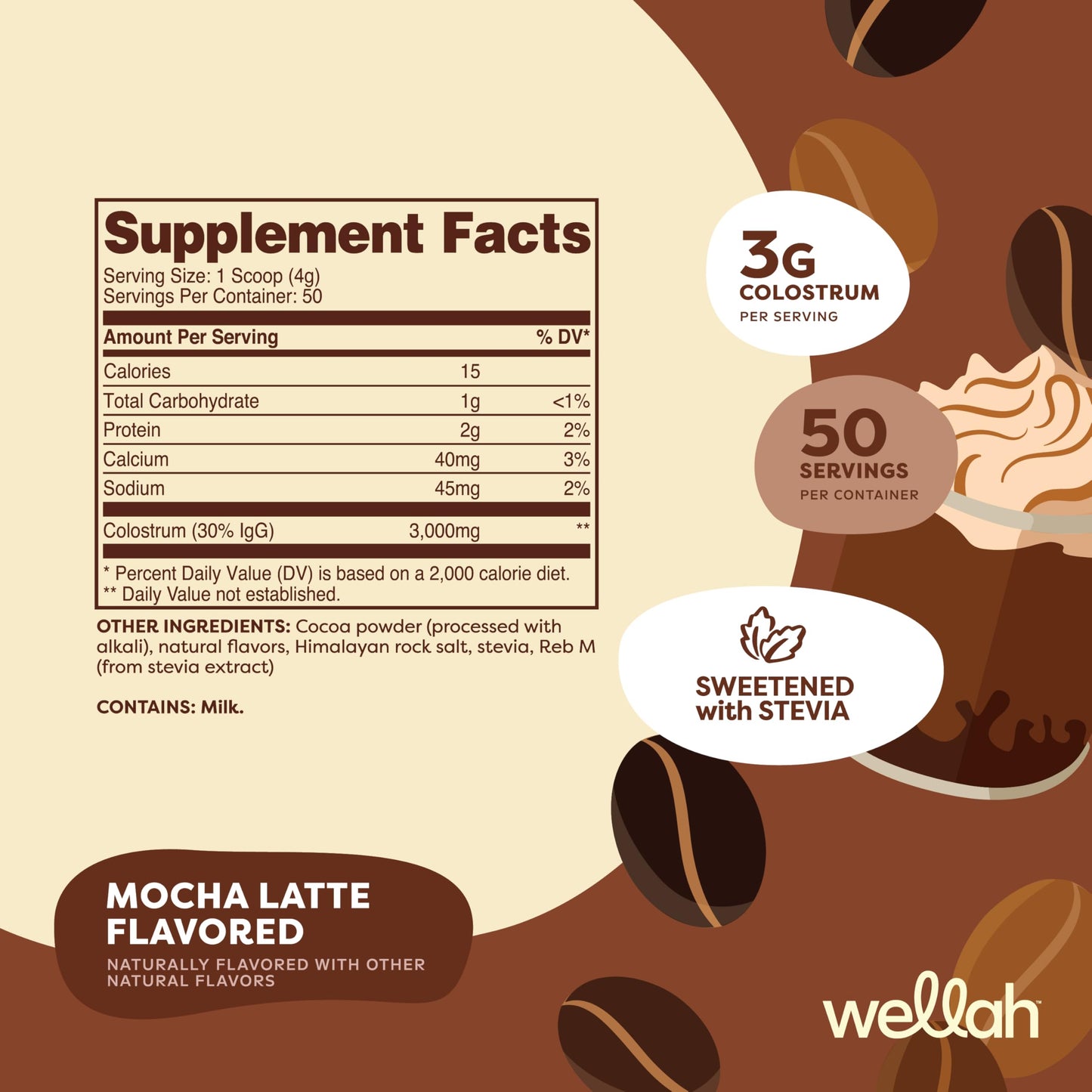 Wellah Colostrum Powder (Mocha Latte) 50 Servings, 3g Per Serving, 6.8 Ounce