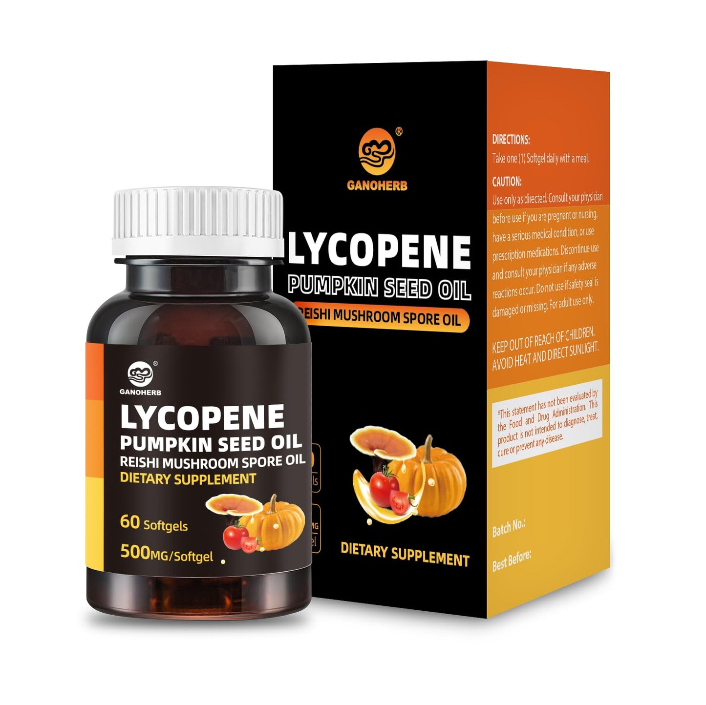GANOHERB Pumpkin Seed Oil Lycopene Supplement, Cold Pressed Pumpkin Seed 3 in 1 Hair Growth Supplement with Reishi Mushroom Spore Oil for Urinary and Prostate Health, 60 Capsules