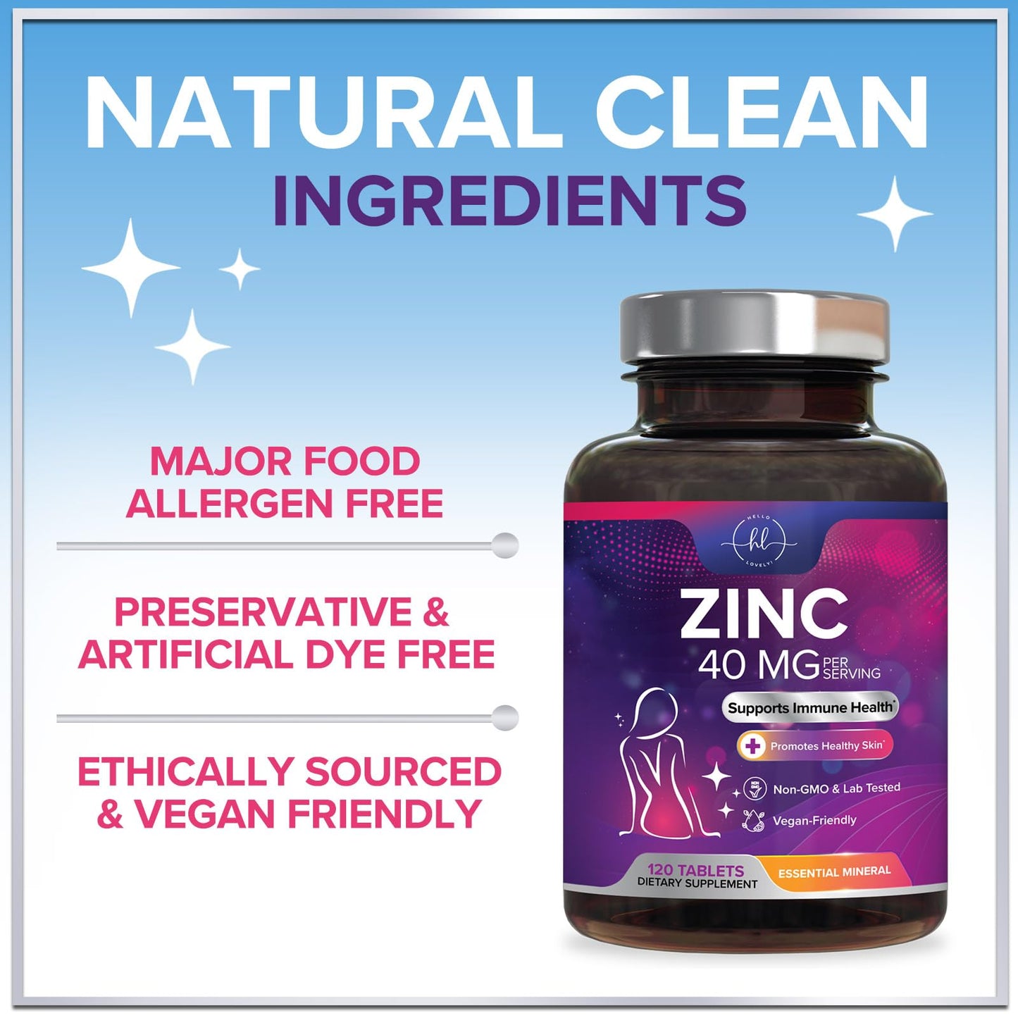Hello Lovely! Zinc 40mg Tablets, 120 Count