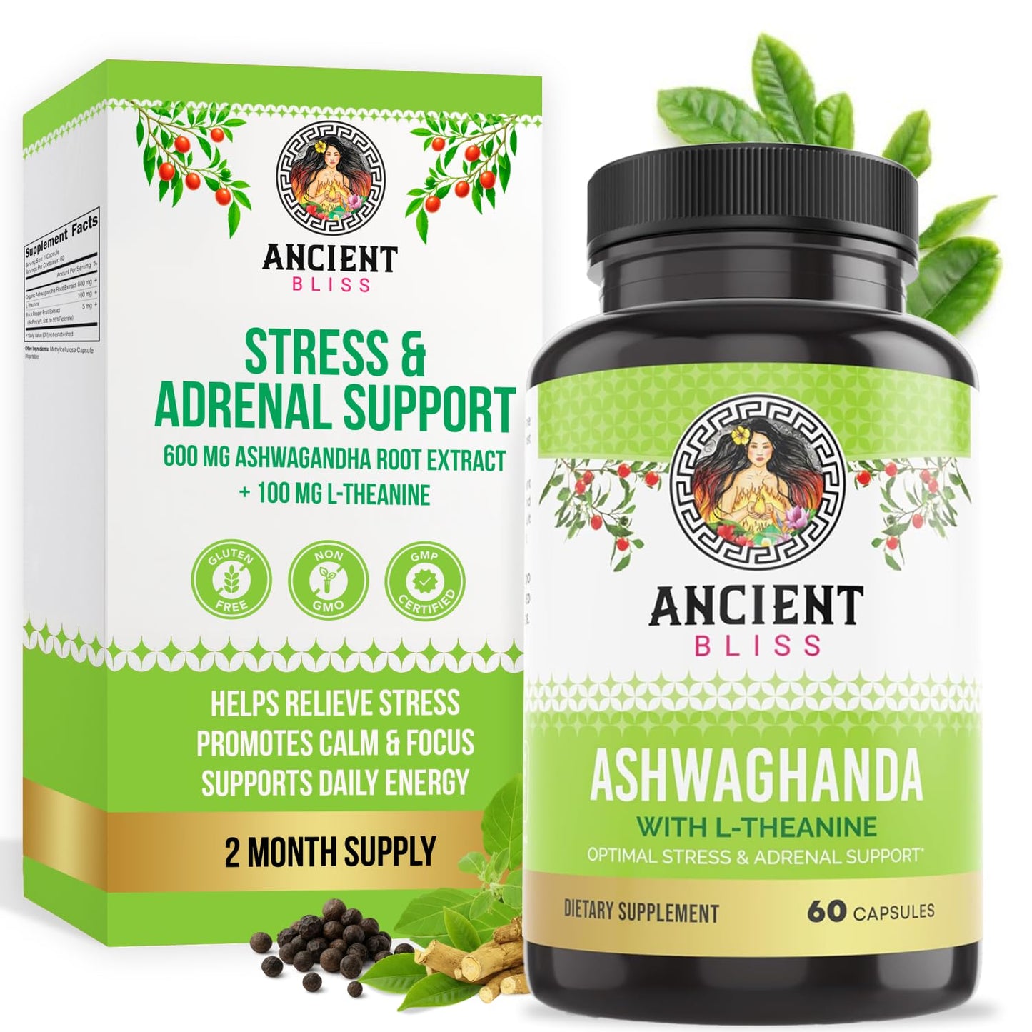 Ancient Bliss Ashwagandha with L-Theanine & Black Pepper Extract, 60 Capsules