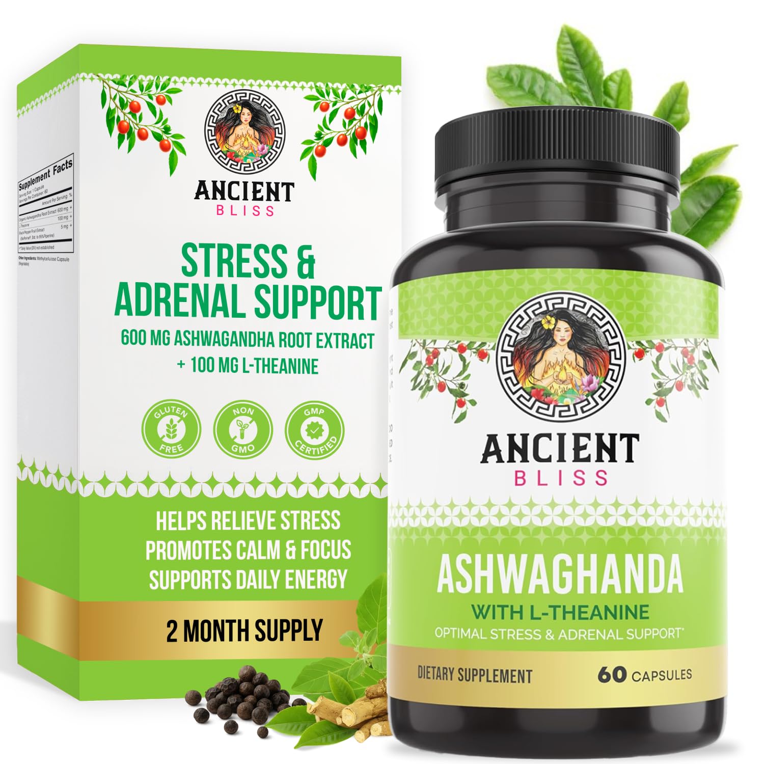 Ancient Bliss Ashwagandha with L-Theanine & Black Pepper Extract Capsules, 60 Count