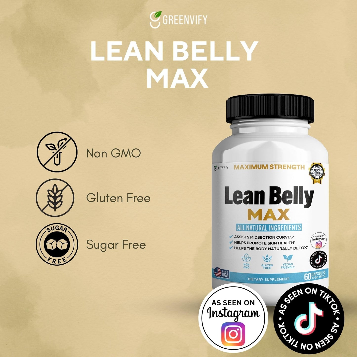 GREENVIFY Lean Belly Max Natural Supplement Capsules, 60 Count
