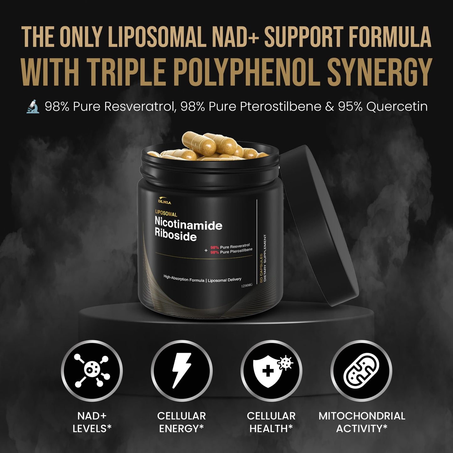DLNIA Liposomal NAD+ Supplement & NMN Alternative | Nicotinamide Riboside (NR) 1258 mg with Resveratrol, Quercetin, Pterostilbene & CoQ10-12-Nutrient High-Absorption Cellular Energy & Healthy Aging Capsule, 60 Count