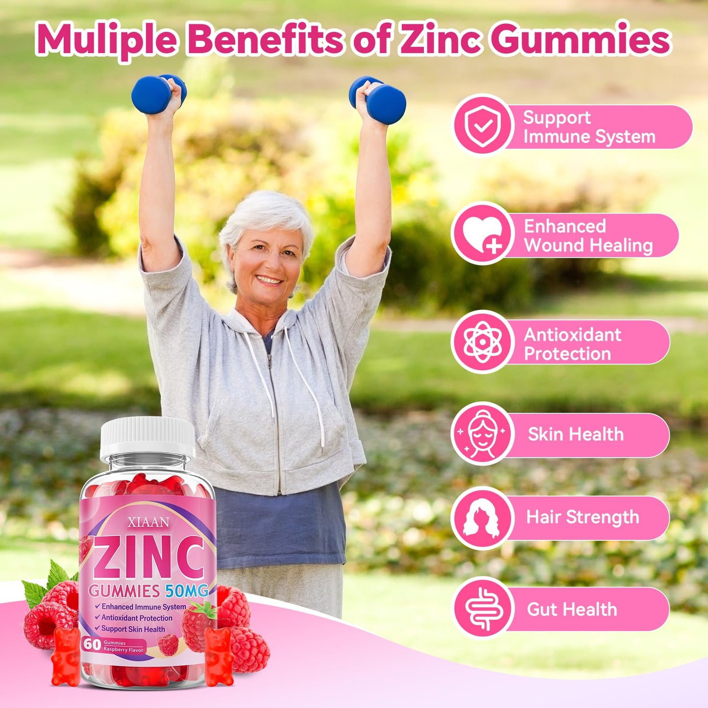 XIAAN Zinc Picolinate Gummies 50mg for Kids & Adults, Raspberry Flavor, 60 Count