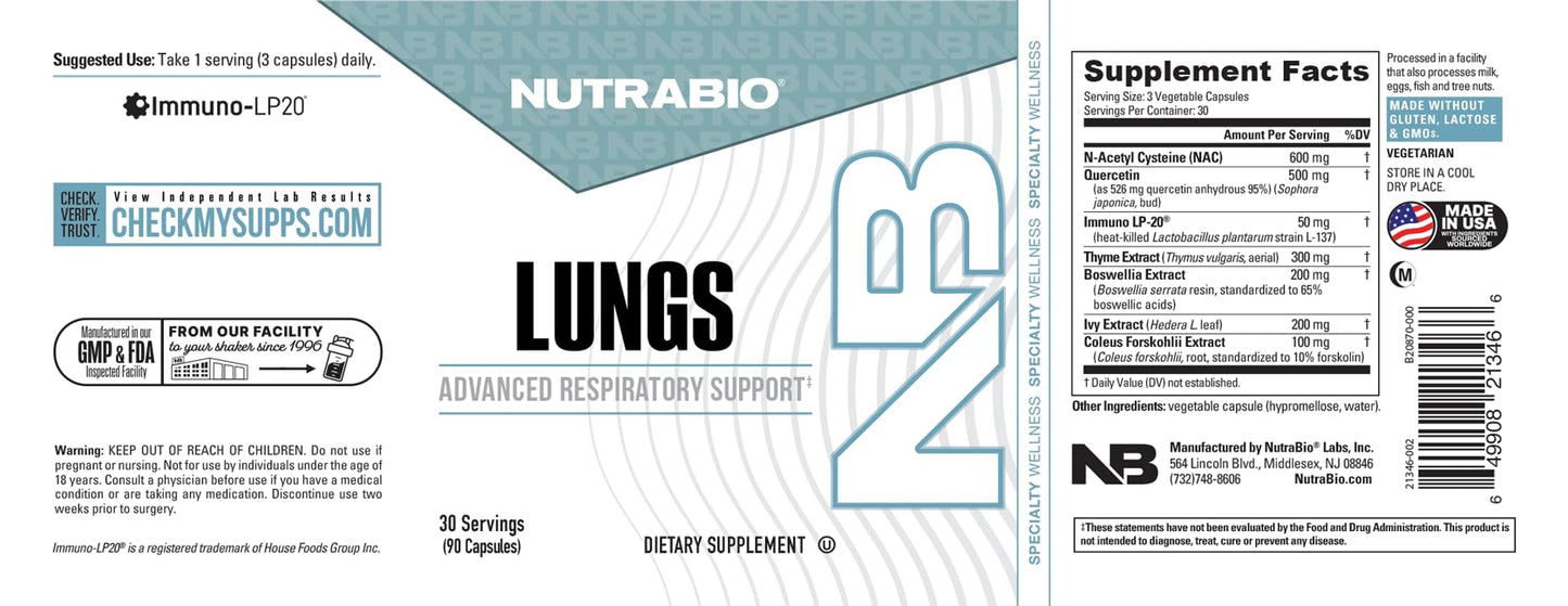 NutraBio Lungs Supplement Immuno-LP20 and Natural Extracts for Respiratory & Immune Health Capsules 90