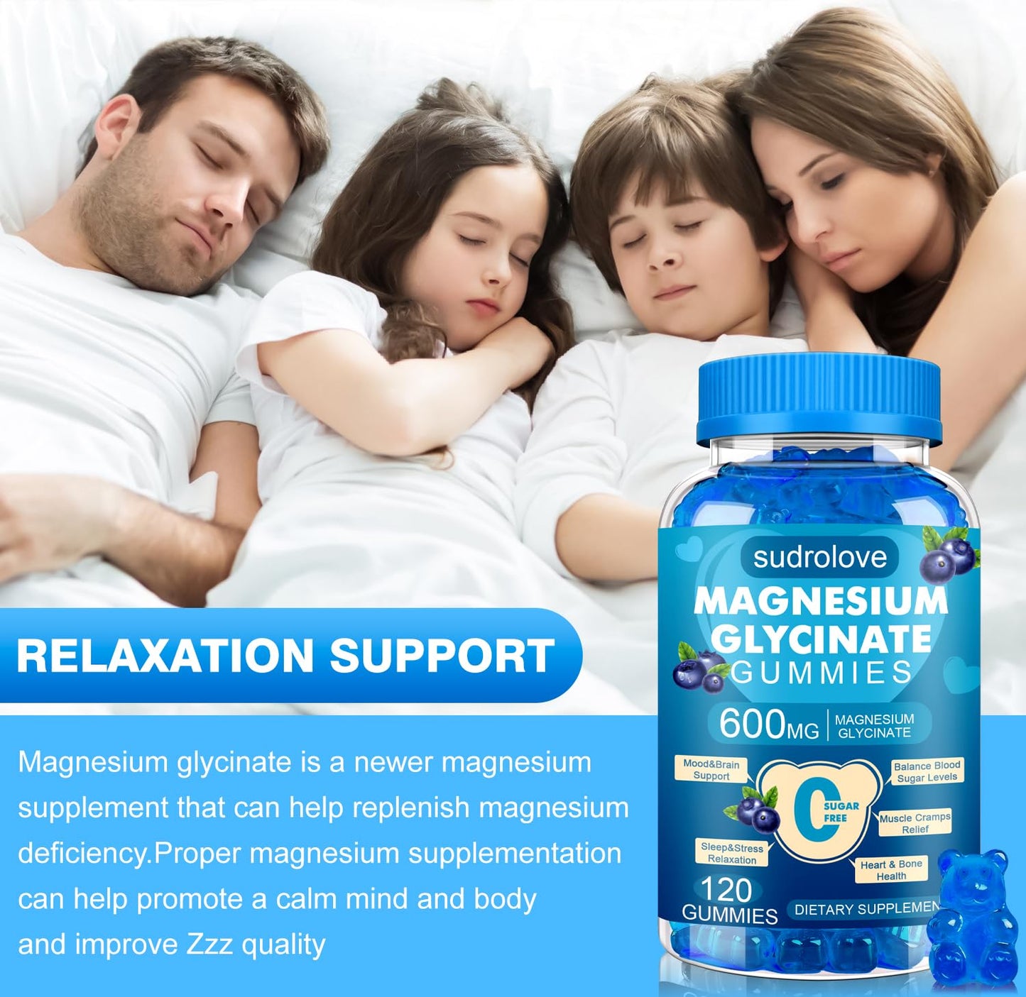 sudrolove Magnesium Glycinate Gummies 600mg per Serving, 120 Count