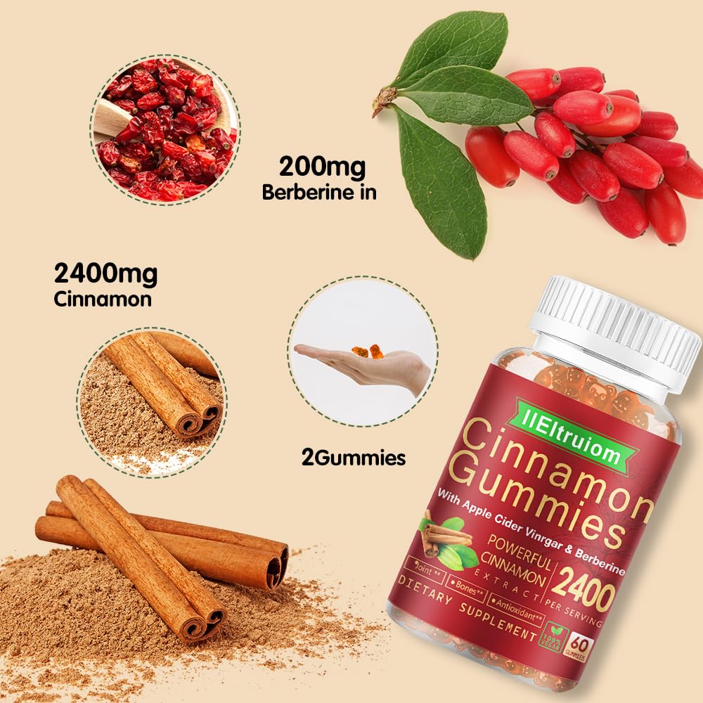 IIEltruiom Cinnamon Gummies 2400mg with Berberine, Turmeric, Apple Cider Vinegar, Bitter Melon, Chromium - Vegan, Non-GMO, 120 Gummies