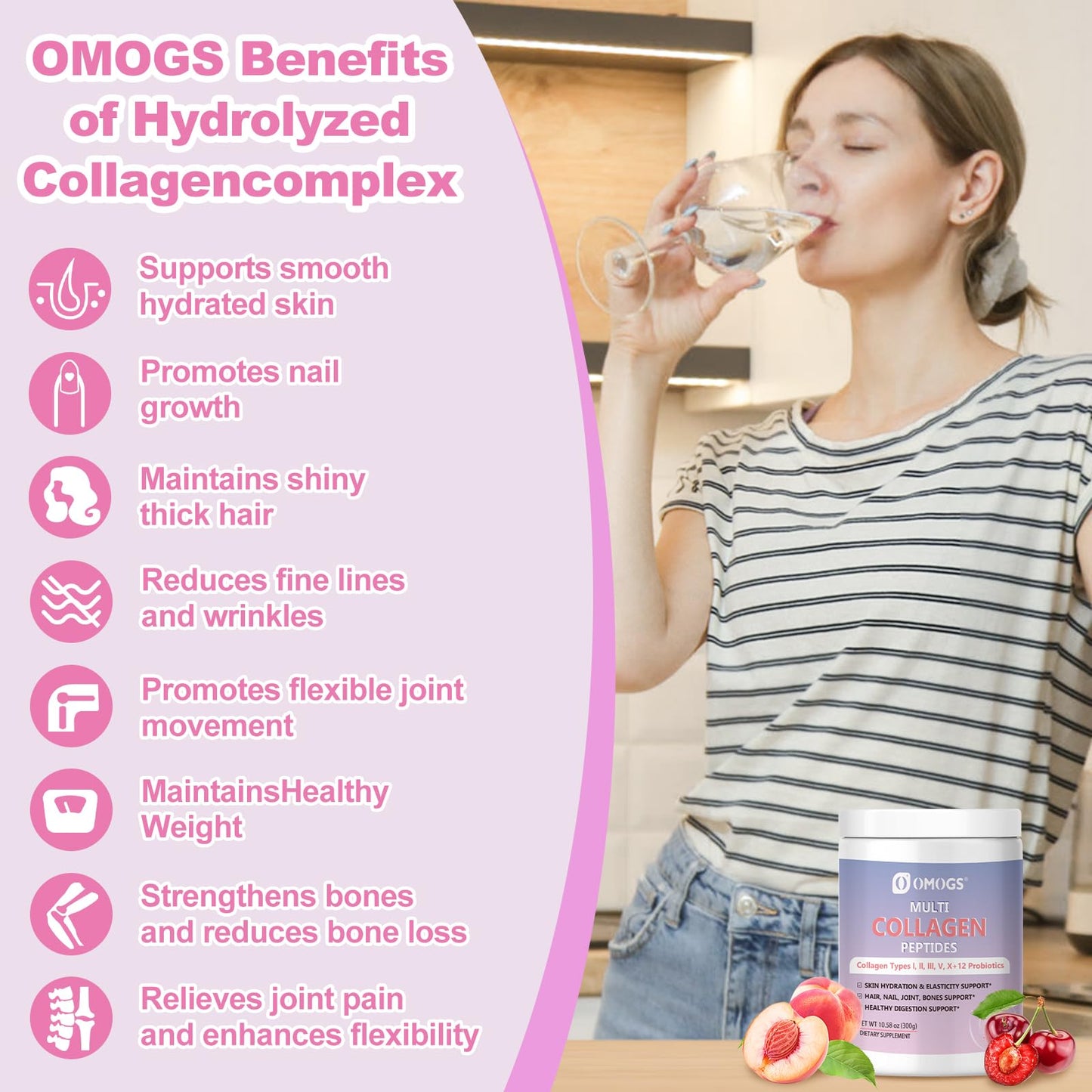 OMOGS Hydrolyzed Collagen Peptide Powder with Prebiotics, Vitamin C & Cranberry Extract, 1 Ounce