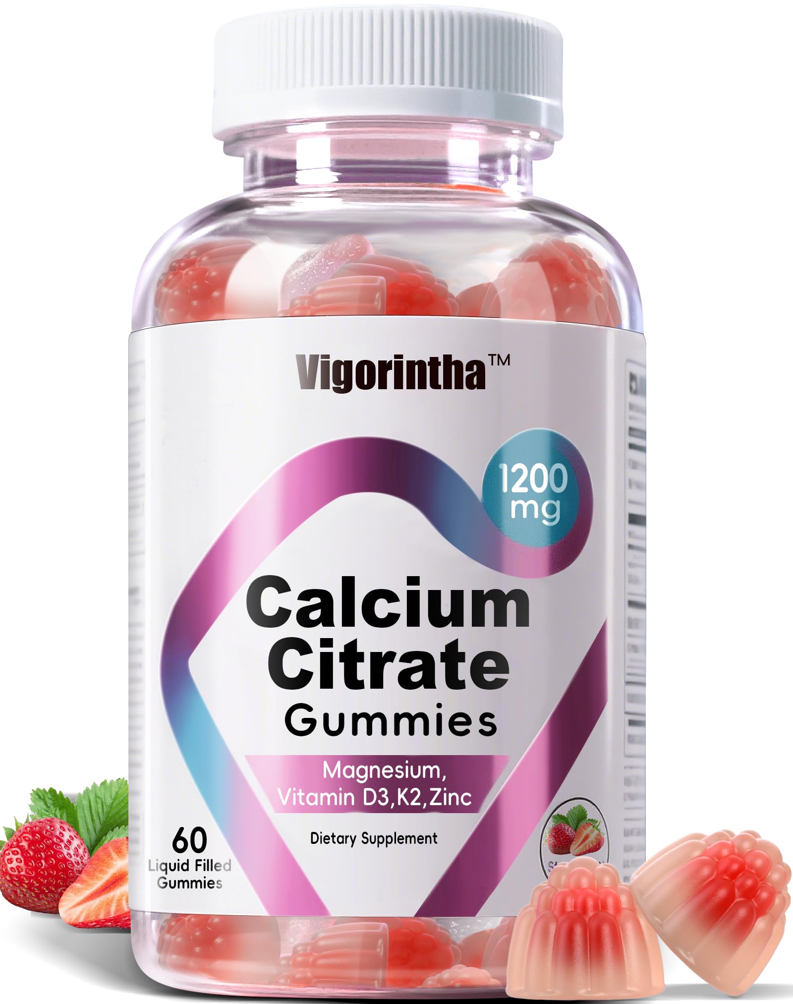 Vigorintha Calcium Citrate Gummies 1200mg with Magnesium, Vitamin D3, K2, Calcium Supplements for Women & Men - Easy to Digest, Vegan, Gluten Free, Sugar Free - Strawberry Flavor, 60 Gummies
