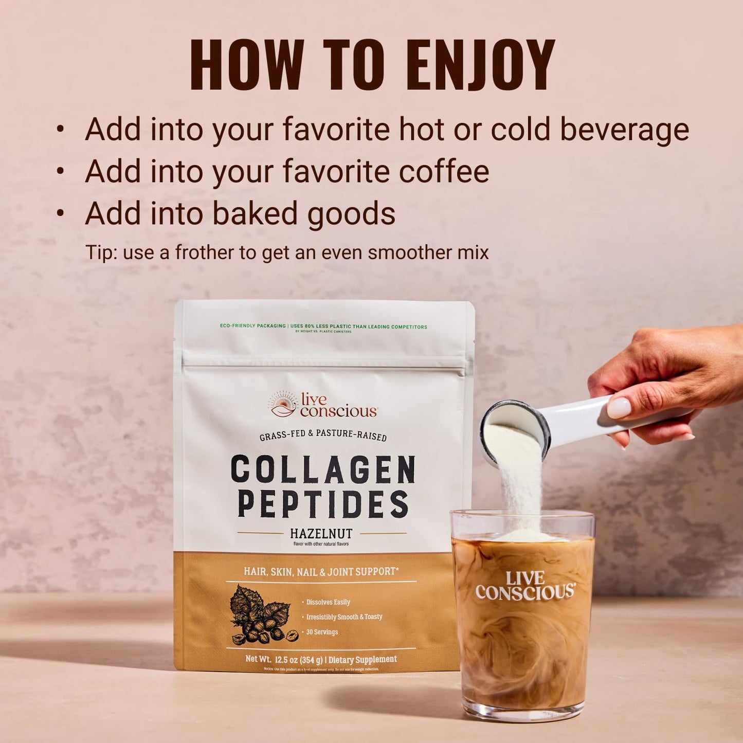 Live Conscious Collagen Peptides Powder Hazelnut Flavored - Hair, Skin, Nail & Joint Support - Type I & III Grass-Fed - 12.04 oz
