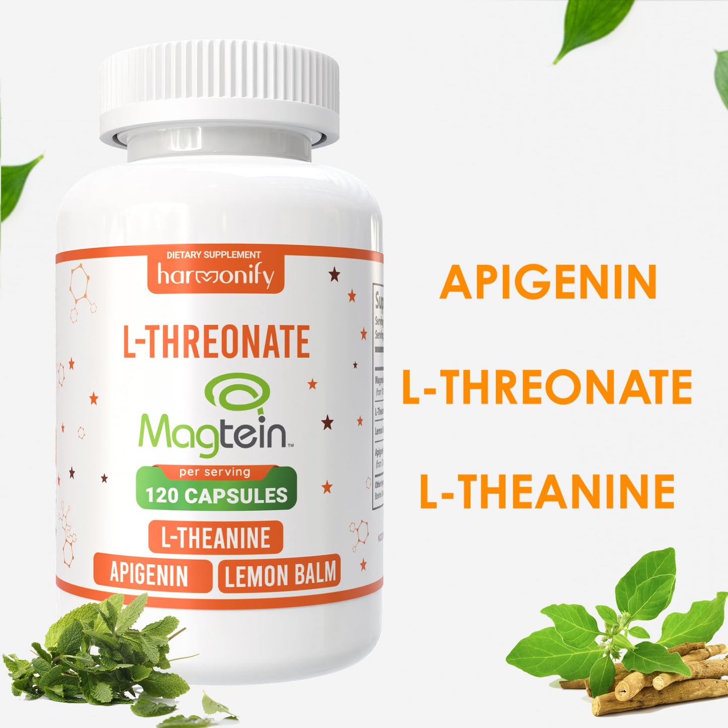 HARMONIFY Magtein Magnesium L-Threonate Supplement with L-Theanine, Lemon Balm and Apigenin, Capsule, 120 Count