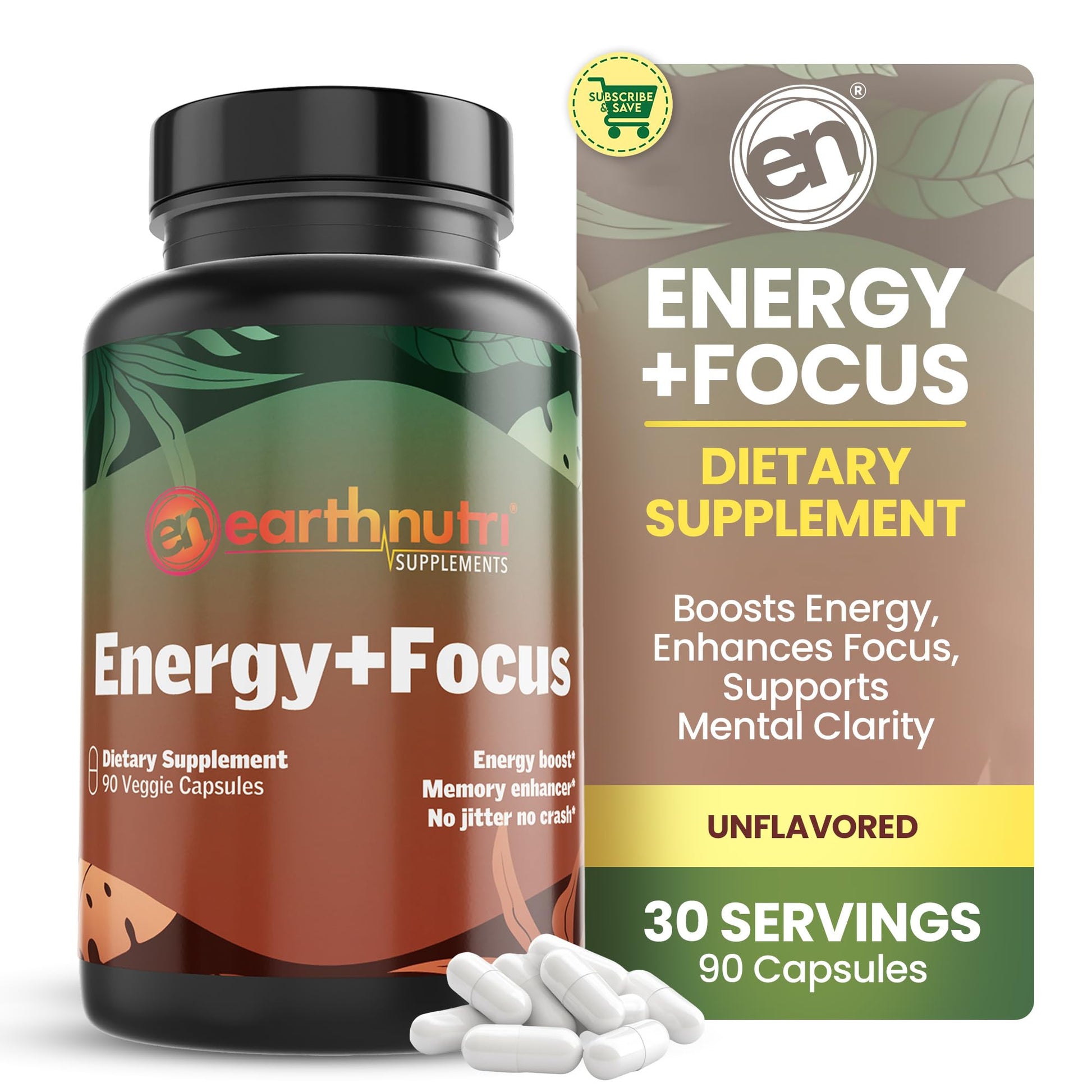 EarthNutri Energy + Focus Supplement - Energy Boost & Brain Focus and Memory with PeakO2, AlphaSize, Cognizin, PurCaf, Theacrine, Acetyl L-Carnitine and L-Tyrosine, 90 Capsules