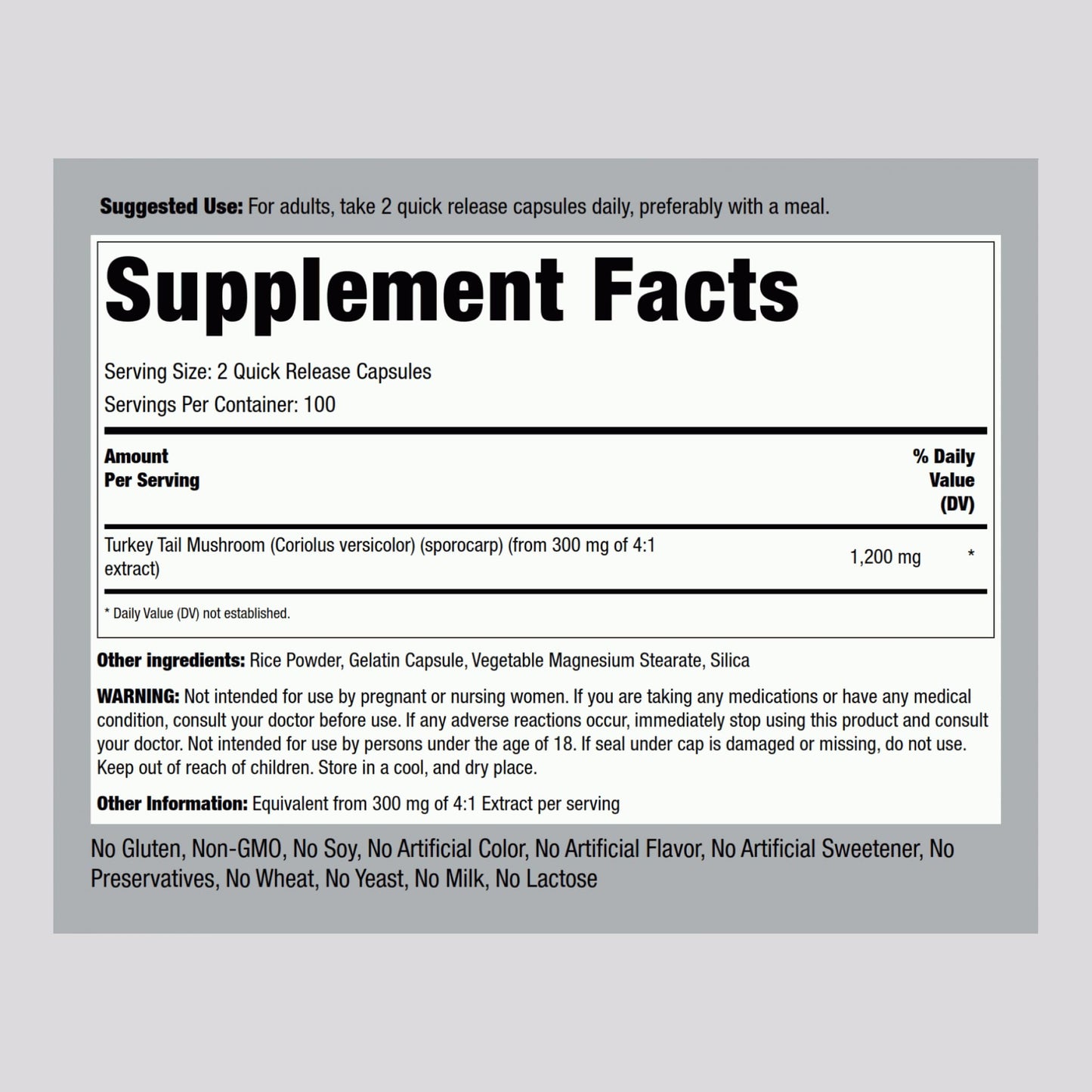 Piping Rock Turkey Tail Mushroom Capsules 200 Count