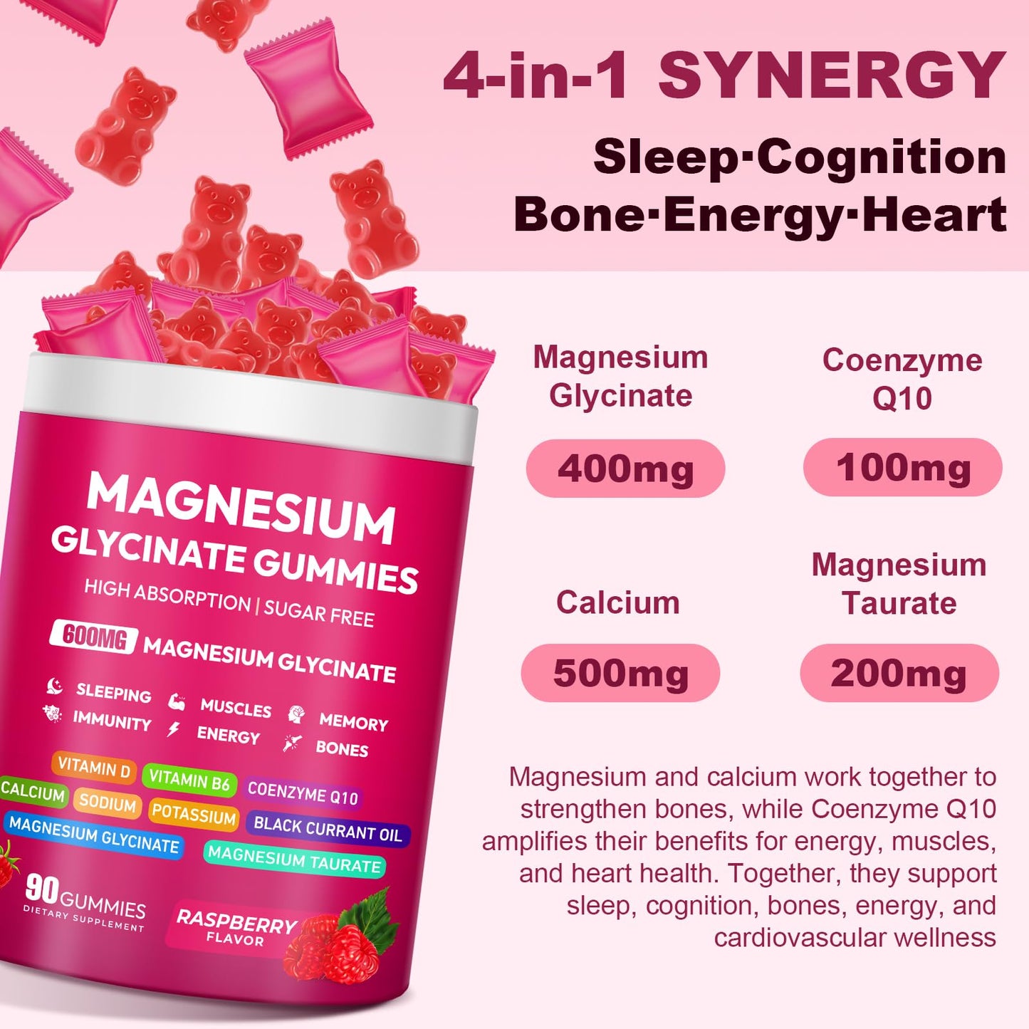 Cytona Magnesium Glycinate Gummies 600mg, High Absorption Magnesium Complex, Sugar Free with Vitamin D & B6, CoQ10, 90 Count
