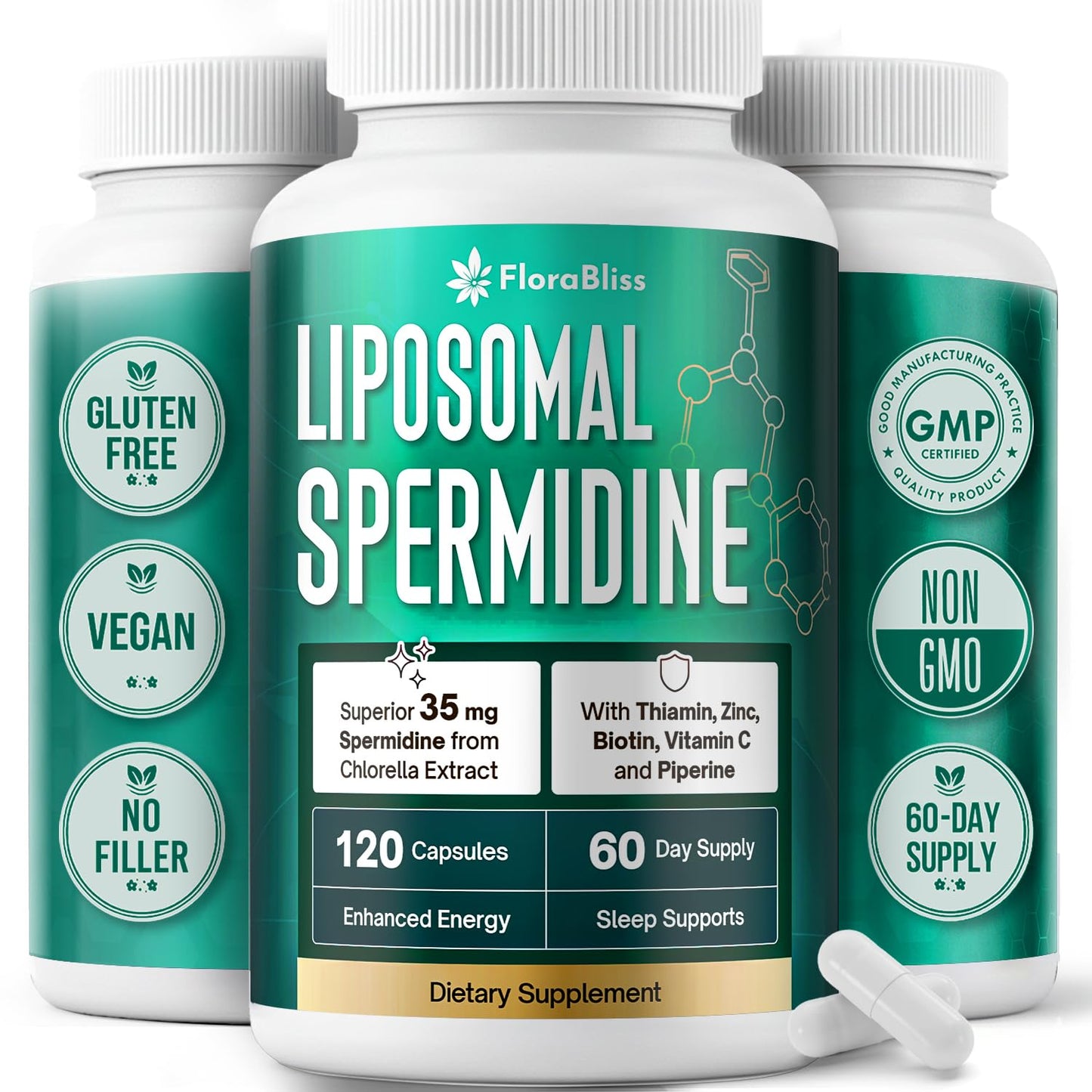 FloraBliss 35mg Spermidine Supplement from Chlorella with Thiamin, Zinc, Biotin, & Vitamin C, 120 Capsules
