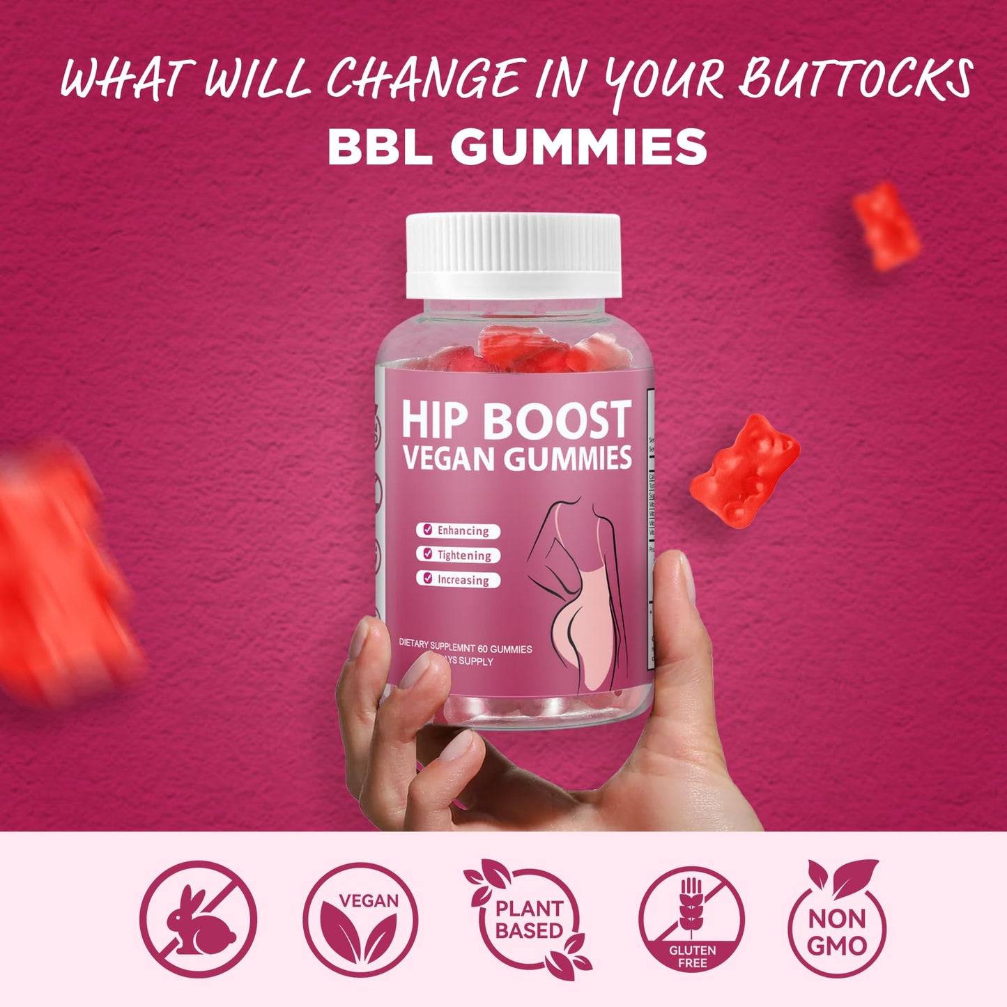 Feelherbs Natural BBL Gummies for Women Natural Curve Bear Shape Booty Gummies with Herbal Extracts & Multivitamins Berry Flavor, 60 Count