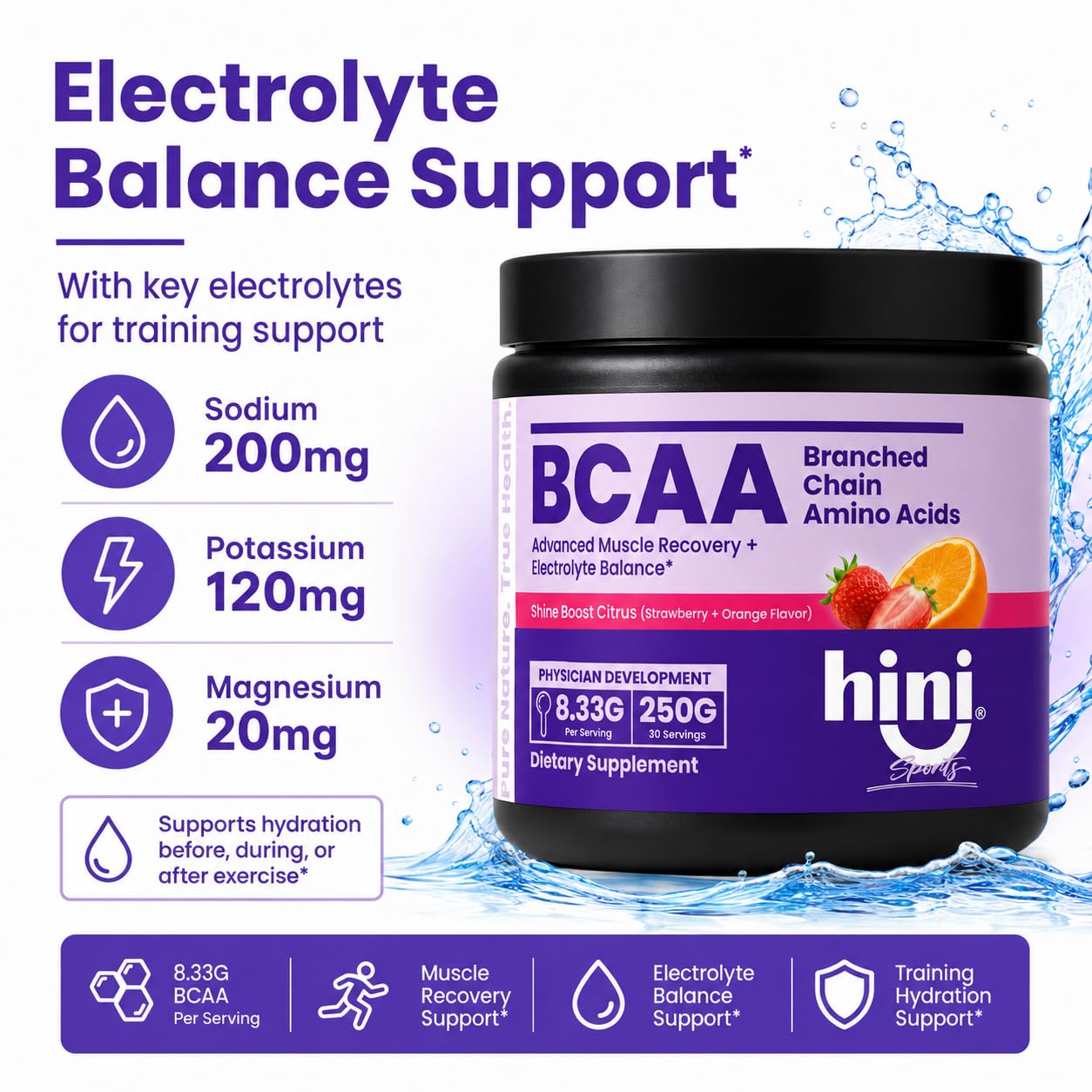 HINI BCAA Powder 6000mg BCAA Blend with Electrolytes, L-Leucine, L-Isoleucine & L-Valine, Strawberry Orange Flavor, 250g, 30 Servings