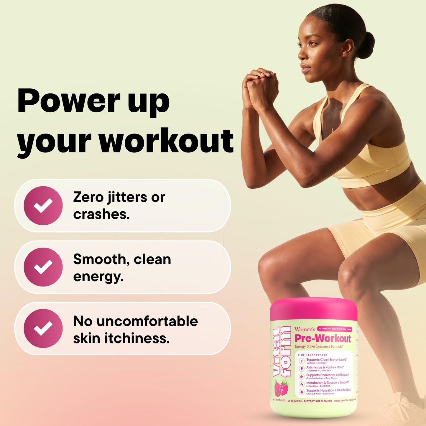 VitalForm Women's Pre Workout Powder - Clean Energy, Focus, & Endurance Supplement - 190mg Caffeine, L-Citrulline, Beta Alanine, L-Theanine - Sugar Free & Vegan - Raspberry Dragonfruit 10.05 Ounce