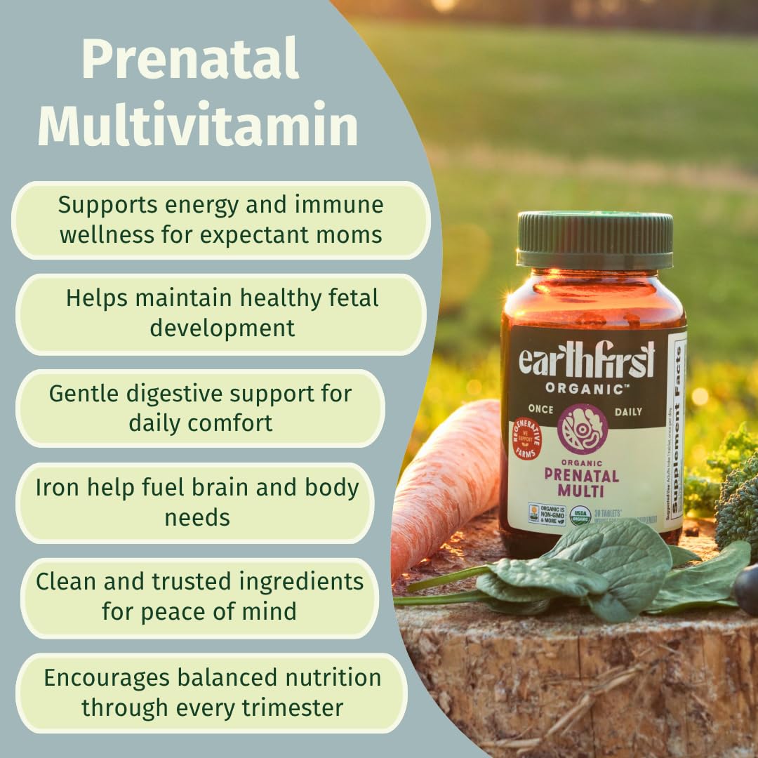 EarthFirst Organic Prenatal Once Daily Multivitamin for Women for Conception, Pregnancy, Postpartum & Breastfeeding, Folate, Iron & Organic Whole Food Blend, Vegan, 60 Tablets