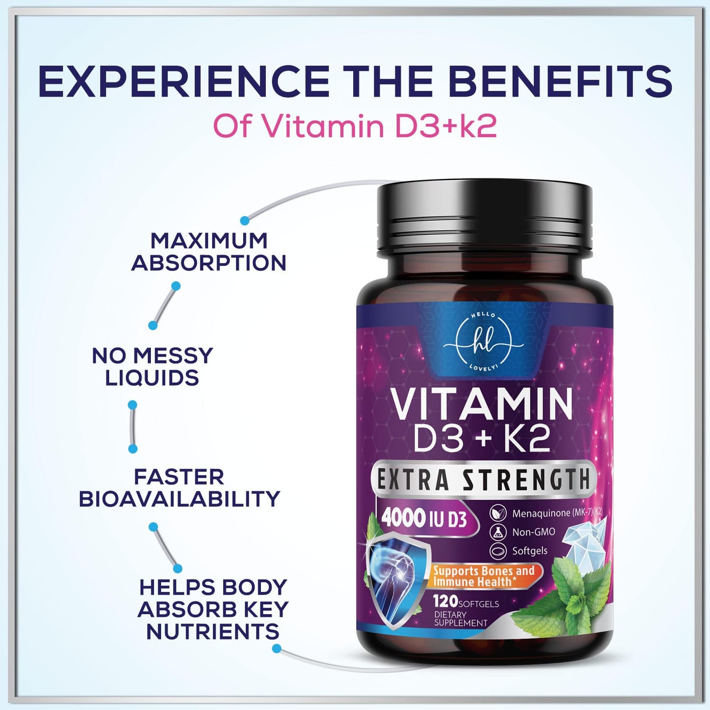 Hello Lovely! Vitamin D with K2 (MK-7) D3 4000IU (125mcg) Per Serving Softgels 120