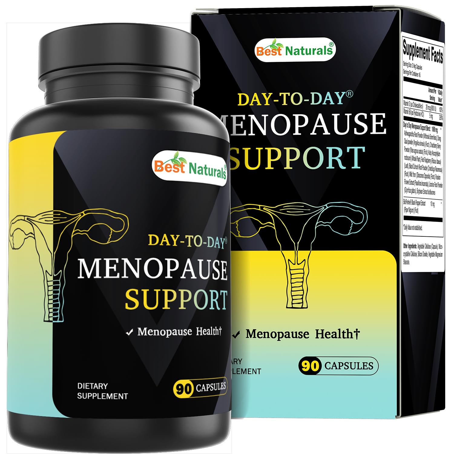 Best Naturals Day-to-Day Menopause Supplements for Women with Ashwagandha, Dong Quai, Chastberry, Kelp, Red Raspberry, Black Cohosh & BioPerine Capsules, 90 Count