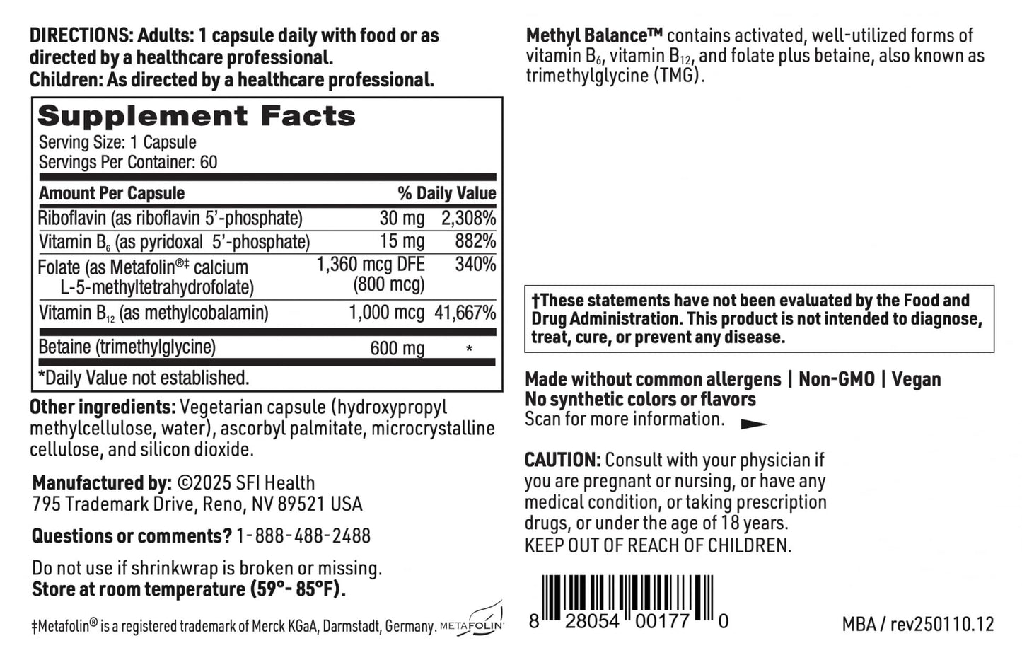 SFI Health Methyl Balance Activated Vitamin B + Trimethylglycine Capsules, 60 Count