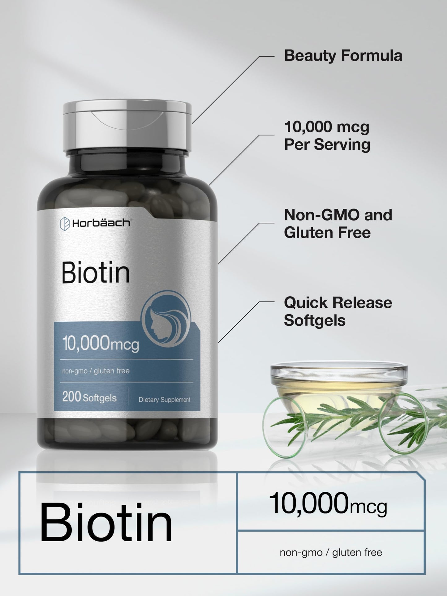 Horbäach Biotin 10000 mcg Softgels, 200 Count