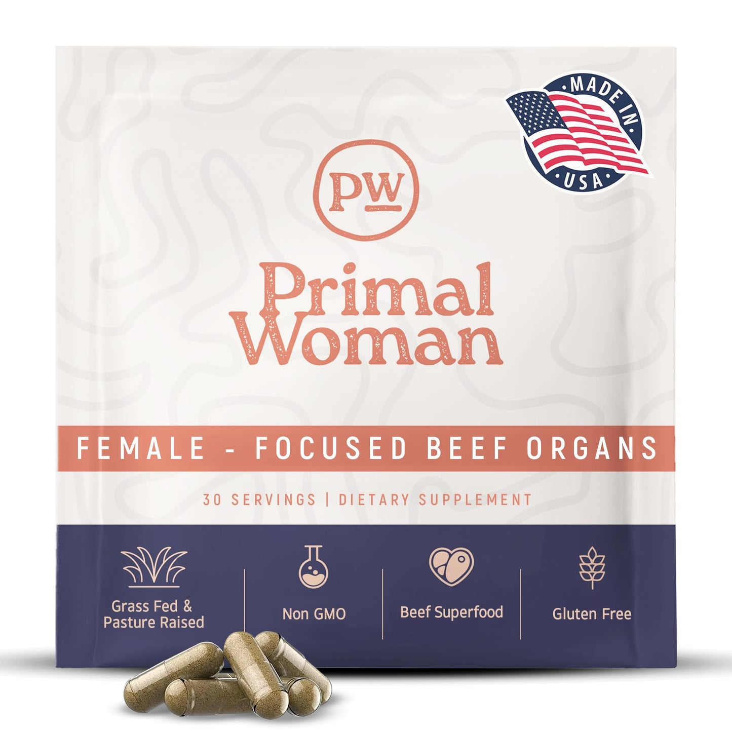 Primal Woman Beef Organ Liver Heart for Women, Grass-Fed Capsule, 60 Count