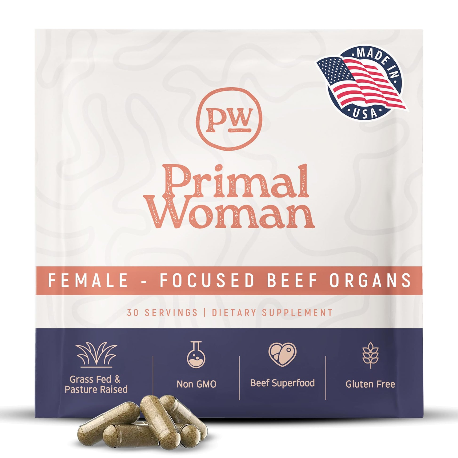Primal Woman Beef Organ Liver Heart for Women, Grass-Fed Capsule, 60 Count