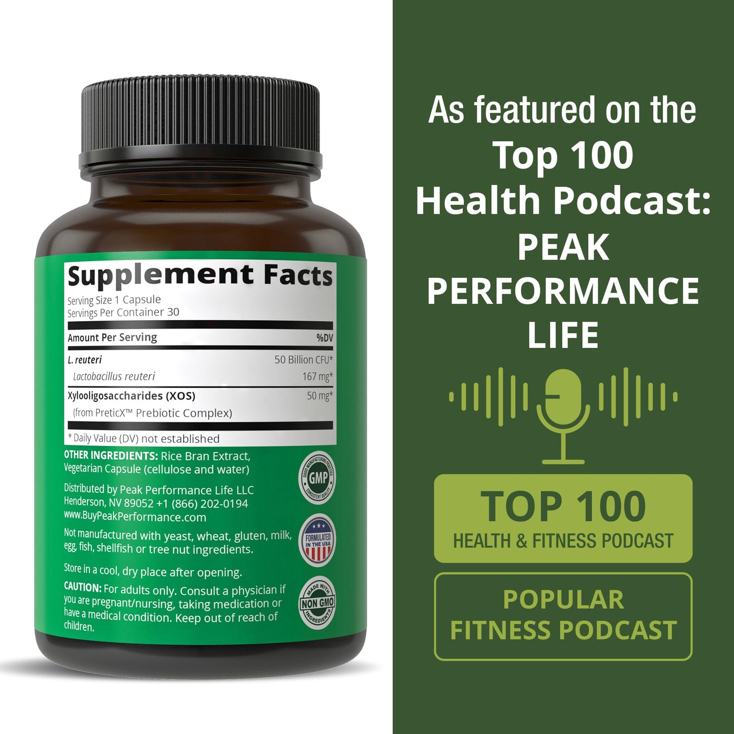 Peak Performance Lactobacillus Reuteri 50 Billion CFU Probiotic Capsule, 30 Count
